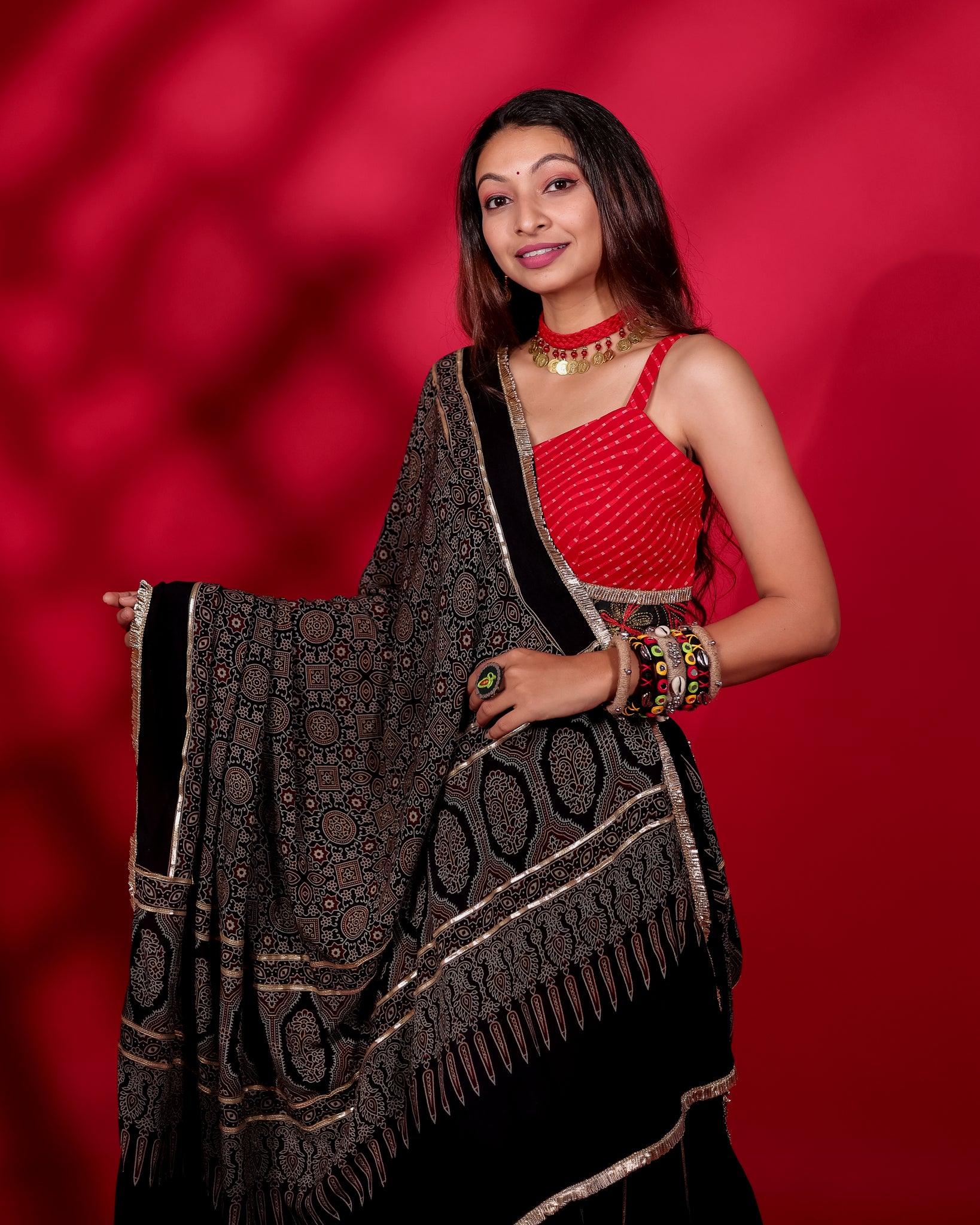 RED & BLACK KALI CHANIYA CHOLI WITH AJRAKH DUPATTA HANDMADEAHOLIC BY MISHKA