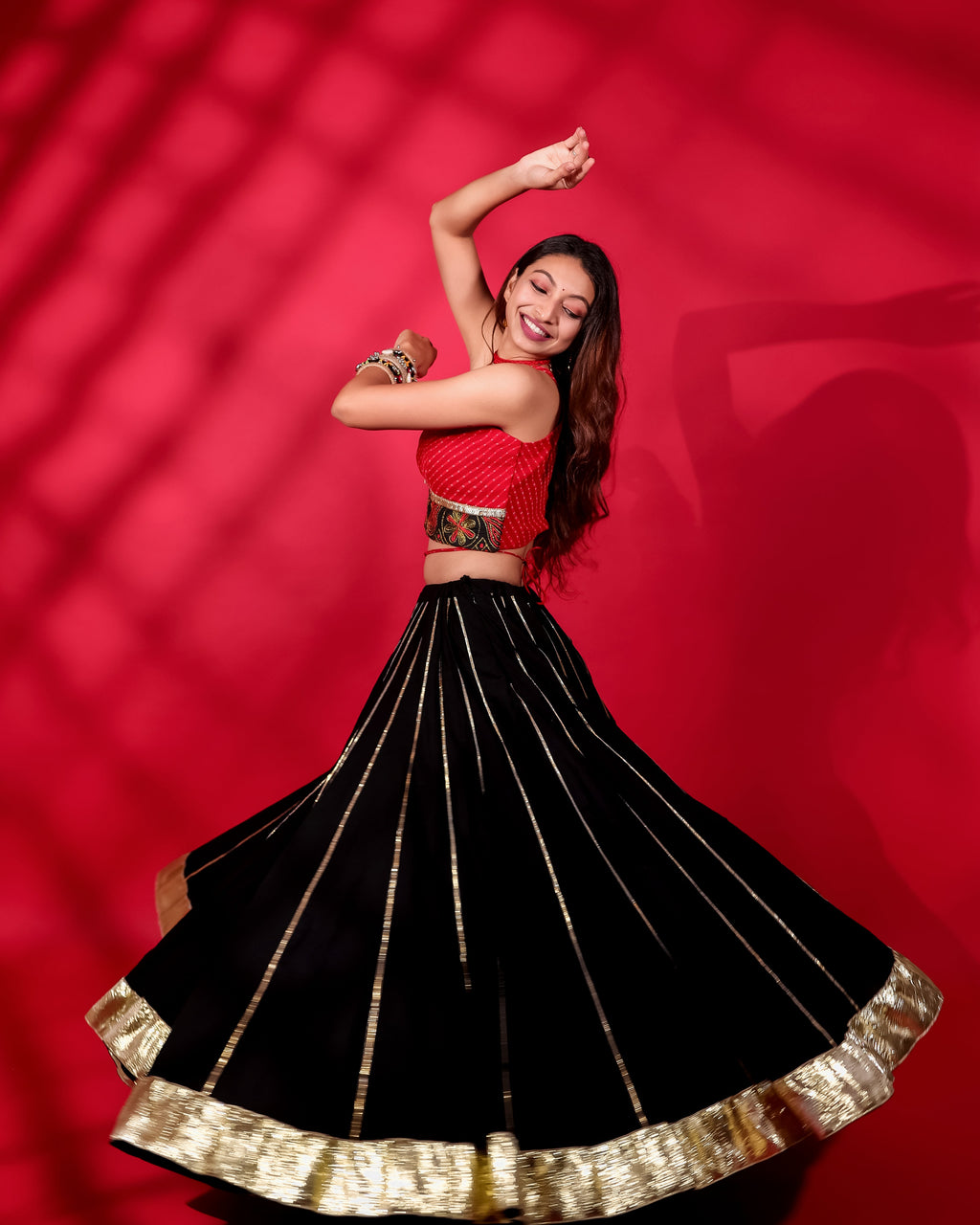 RED & BLACK KALI CHANIYA CHOLI WITH AJRAKH DUPATTA HANDMADEAHOLIC BY MISHKA