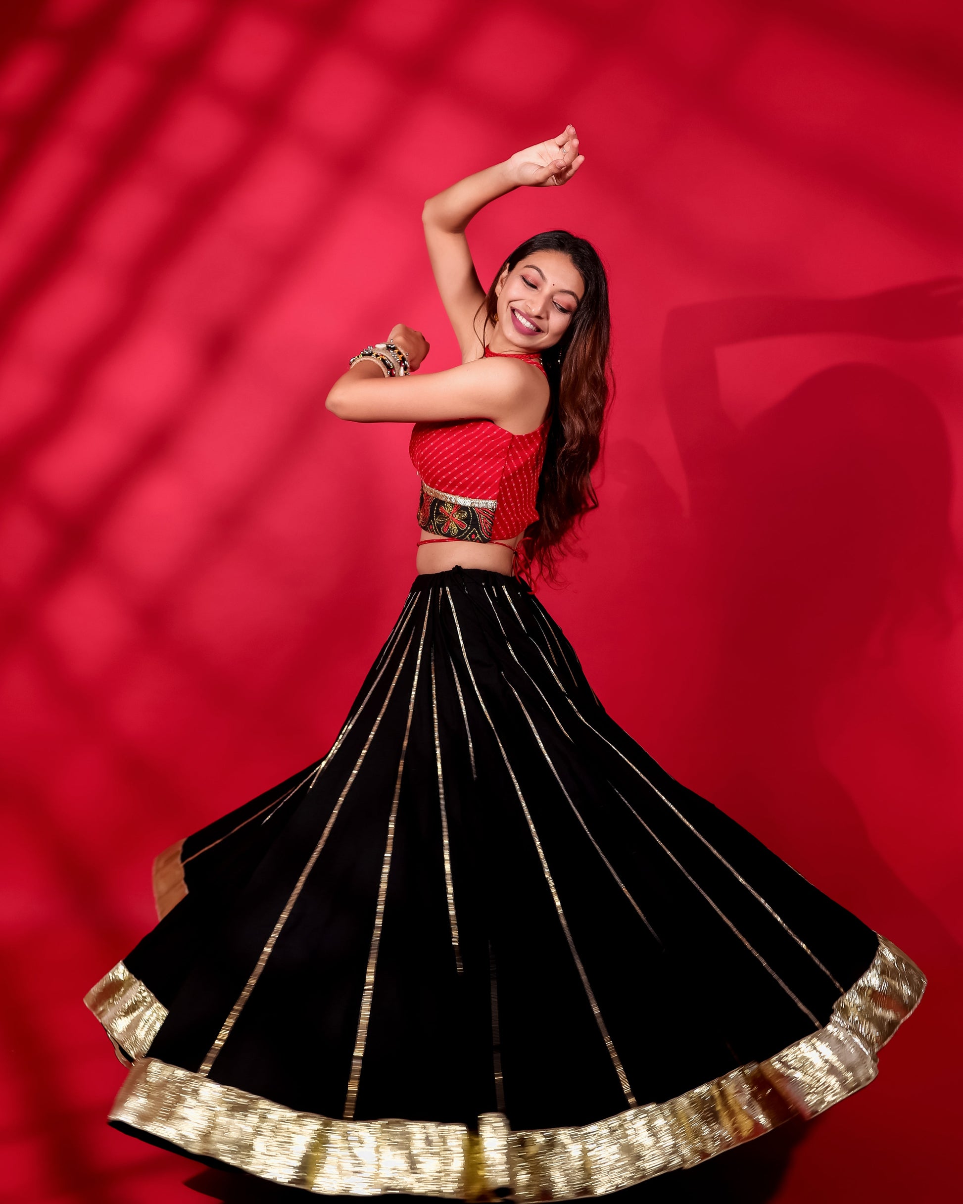 RED & BLACK KALI CHANIYA CHOLI WITH AJRAKH DUPATTA HANDMADEAHOLIC BY MISHKA
