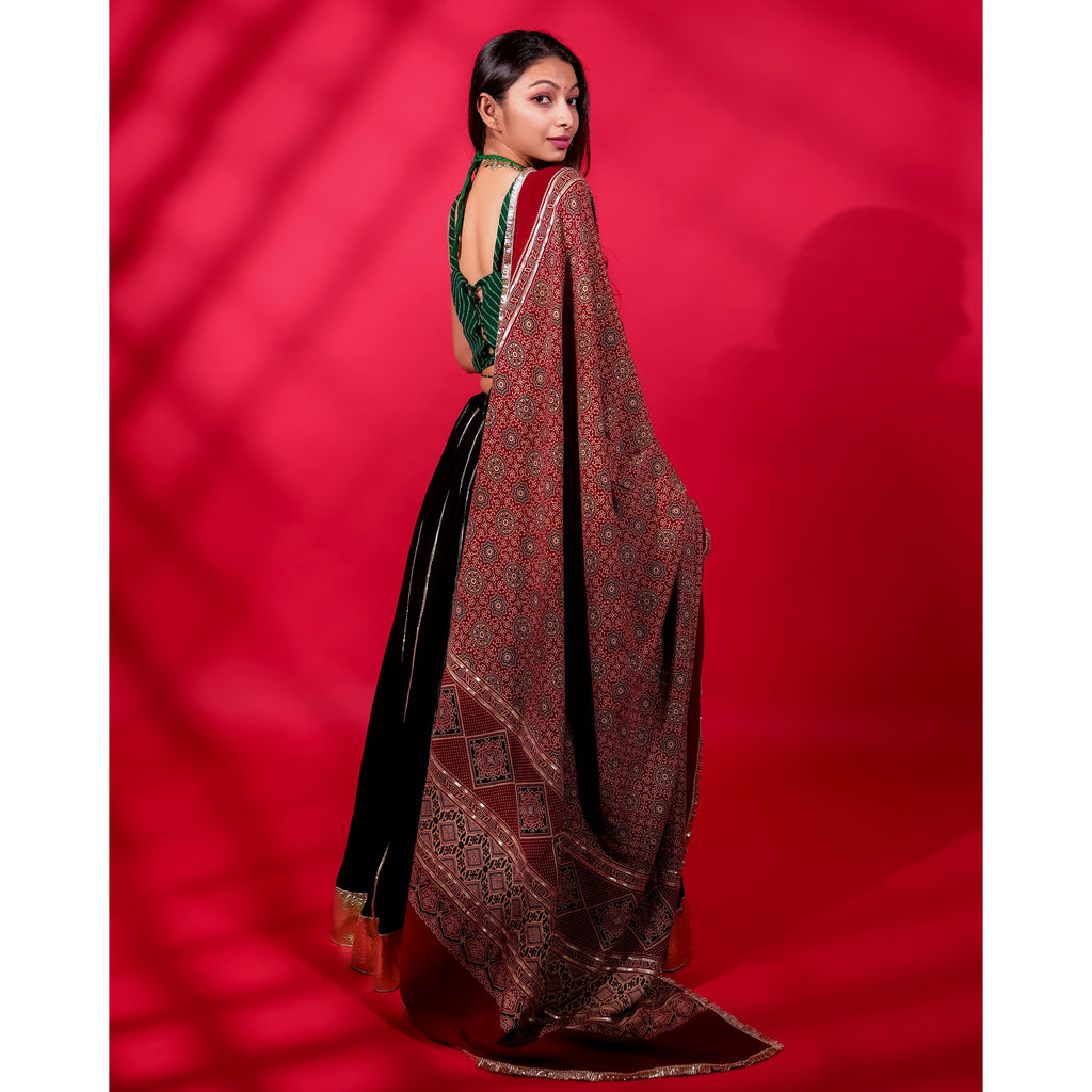 GREEN & BLACK KALI CHANIYA CHOLI WITH AJRAKH DUPATTA HANDMADEAHOLIC BY MISHKA