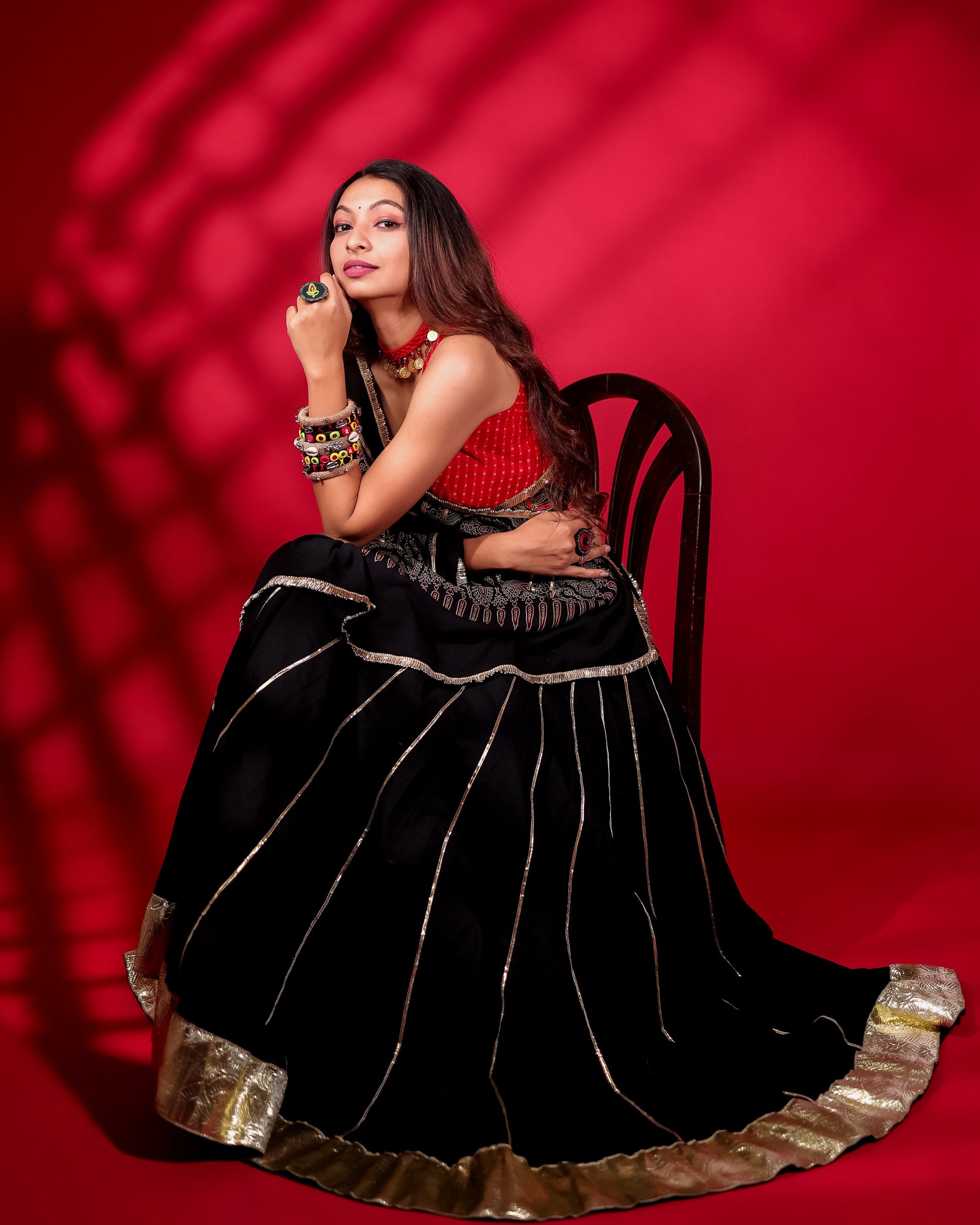 RED & BLACK KALI CHANIYA CHOLI WITH AJRAKH DUPATTA HANDMADEAHOLIC BY MISHKA