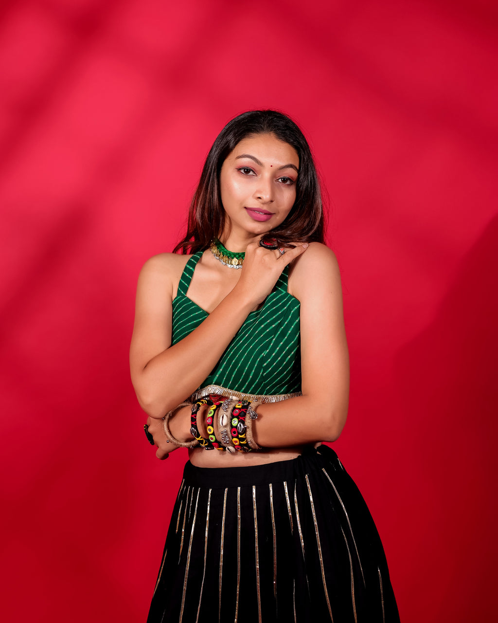 GREEN & BLACK KALI CHANIYA CHOLI WITH AJRAKH DUPATTA HANDMADEAHOLIC BY MISHKA