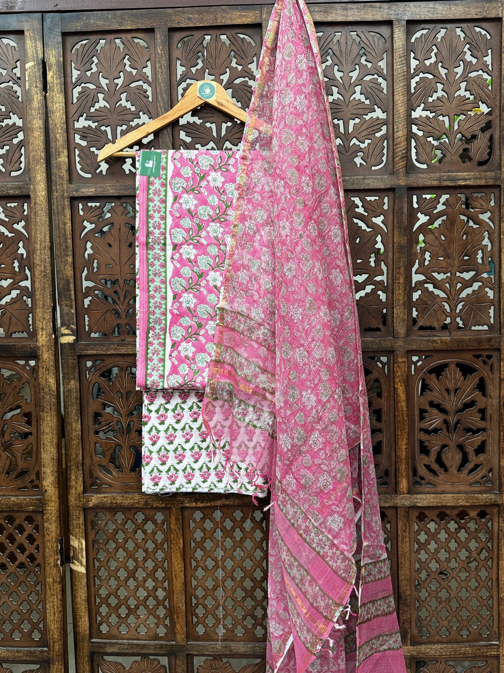 Blossoming Rose Handblock Cotton Unstitched Suit Set with Kota Doria Dupatta HANDMADEAHOLIC BY MISHKA