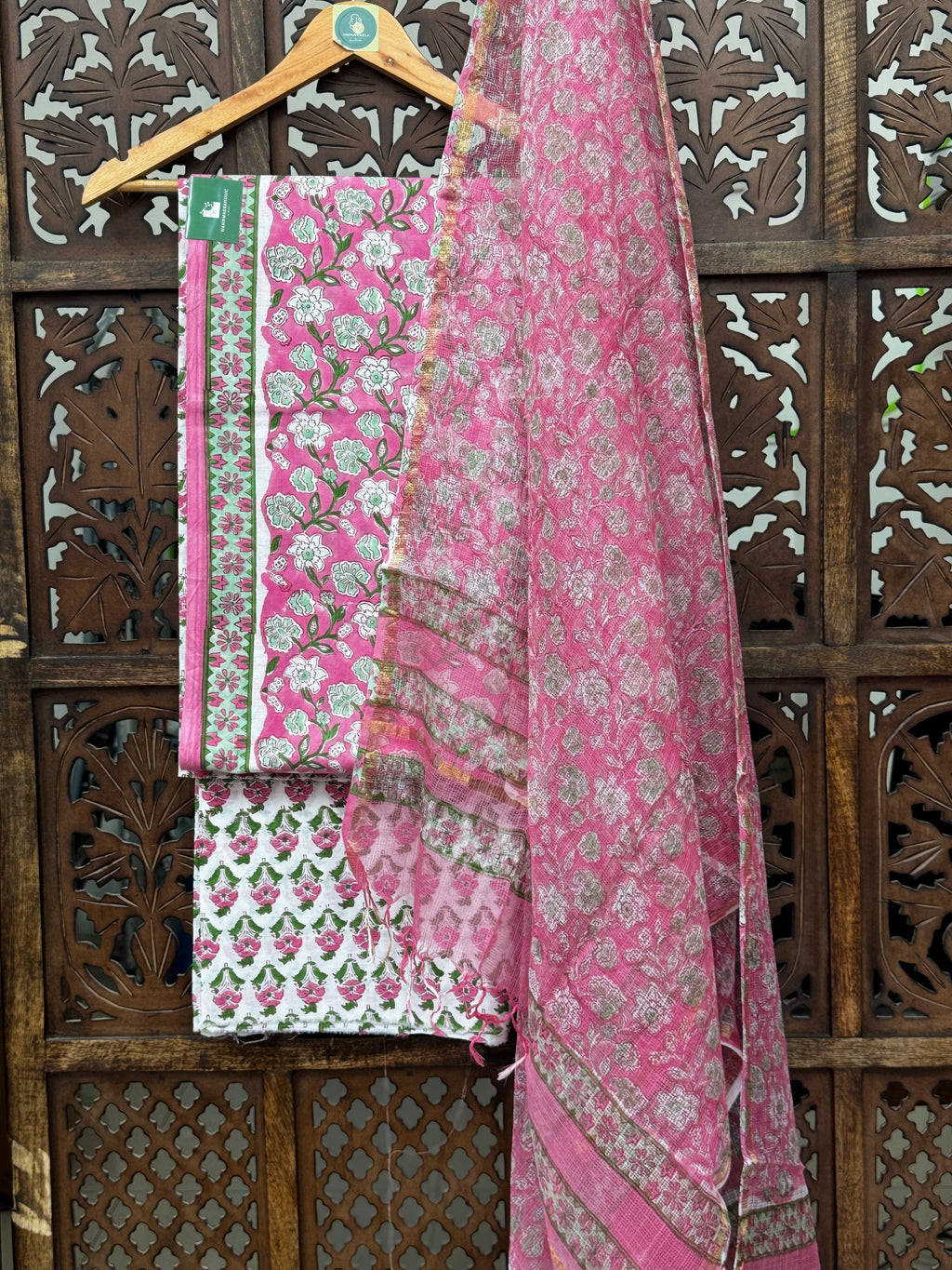 Blossoming Rose Handblock Cotton Unstitched Suit Set with Kota Doria Dupatta HANDMADEAHOLIC BY MISHKA
