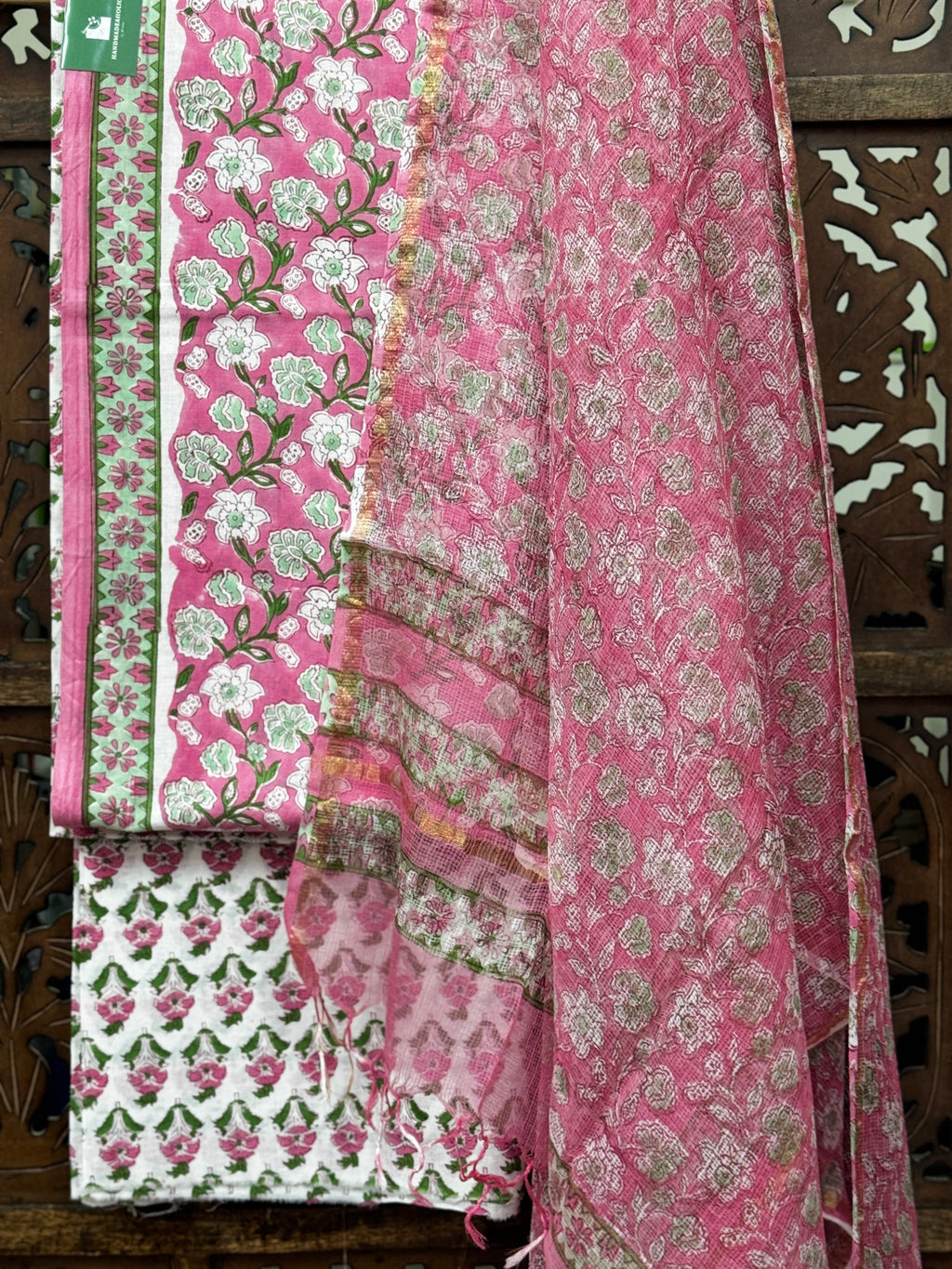 Blossoming Rose Handblock Cotton Unstitched Suit Set with Kota Doria Dupatta HANDMADEAHOLIC BY MISHKA