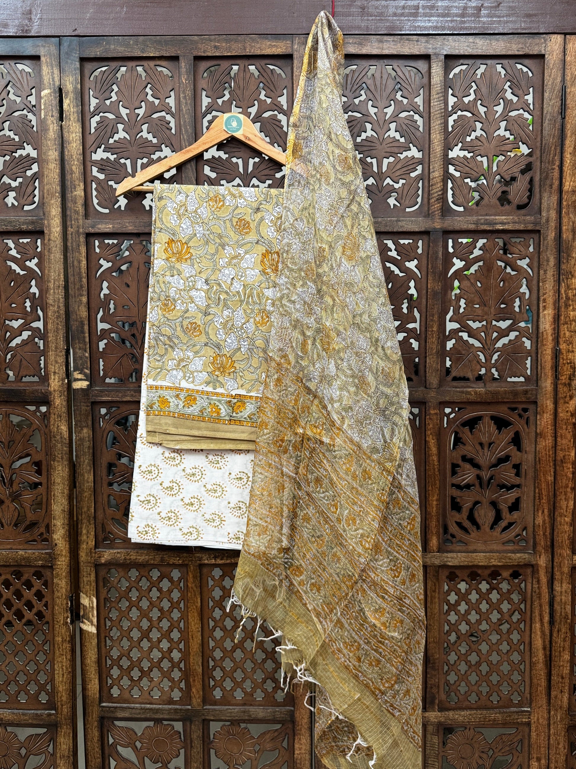Olive & Mustard Hand-Block Printed Cotton Suit Set | 3-Piece Unstitched Fabric with Kota Doria Dupatta HANDMADEAHOLIC BY MISHKA