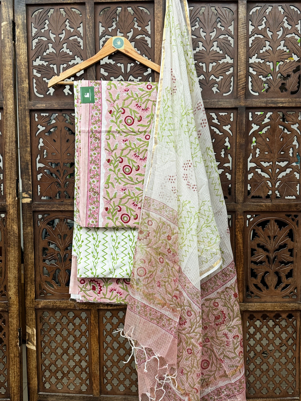 Pastel Peony Handblock Cotton Unstitched Suit Set with Kota Doria Dupatta HANDMADEAHOLIC BY MISHKA