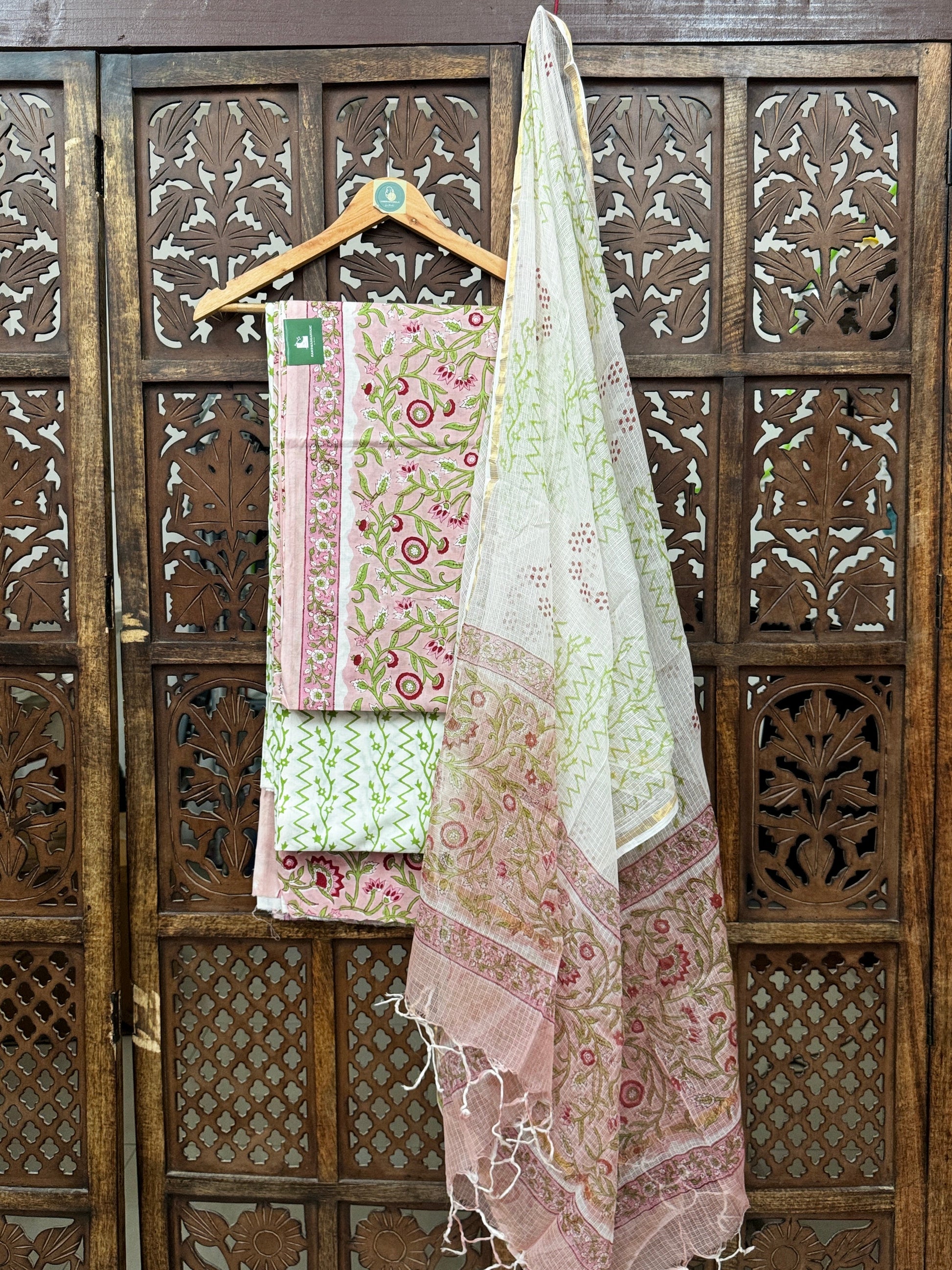 Pastel Peony Handblock Cotton Unstitched Suit Set with Kota Doria Dupatta HANDMADEAHOLIC BY MISHKA