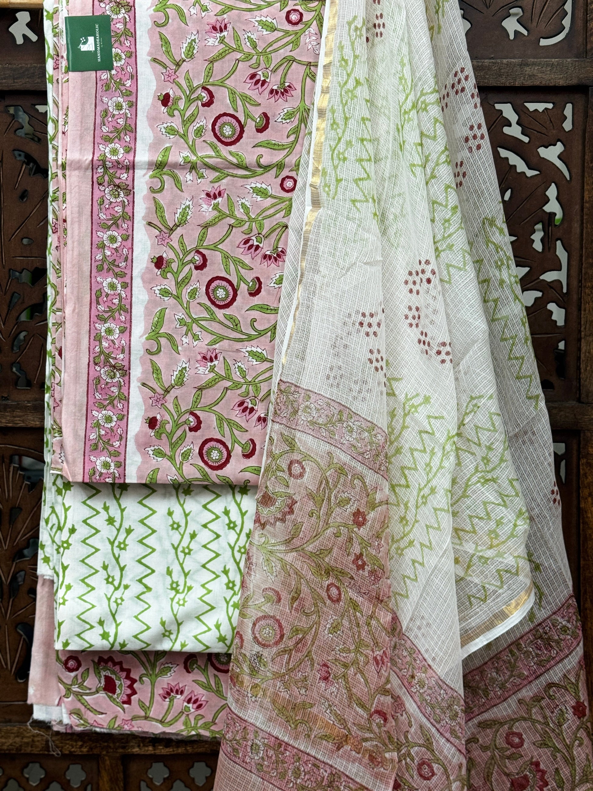 Pastel Peony Handblock Cotton Unstitched Suit Set with Kota Doria Dupatta HANDMADEAHOLIC BY MISHKA