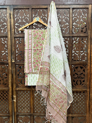 Blushing Meadow Handblock Cotton Suit Set with Zari-Border Kota Doria Dupatta HANDMADEAHOLIC BY MISHKA
