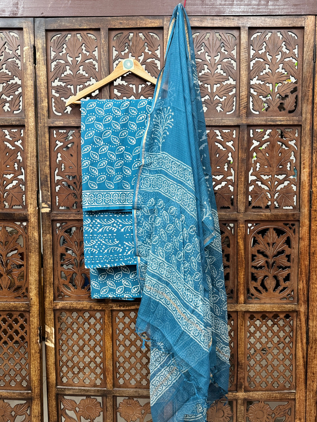 Ocean Teal Handblock Printed Cotton Suit Set with Kota Doria Dupatta HANDMADEAHOLIC BY MISHKA