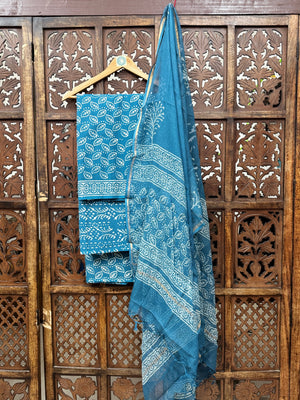 Ocean Teal Handblock Printed Cotton Suit Set with Kota Doria Dupatta HANDMADEAHOLIC BY MISHKA