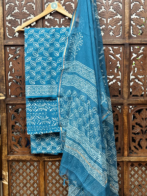 Ocean Teal Handblock Printed Cotton Suit Set with Kota Doria Dupatta HANDMADEAHOLIC BY MISHKA