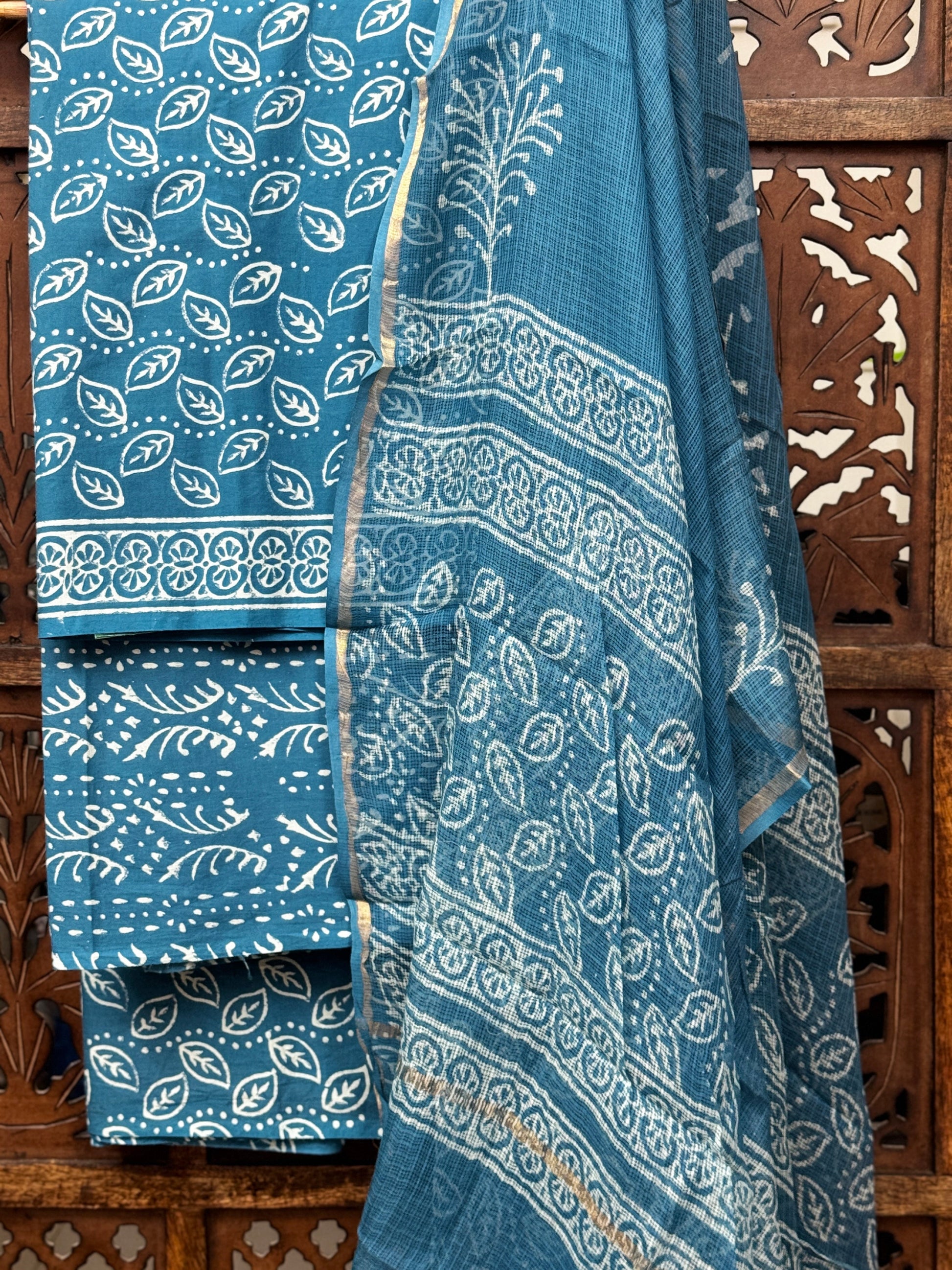 Ocean Teal Handblock Printed Cotton Suit Set with Kota Doria Dupatta HANDMADEAHOLIC BY MISHKA