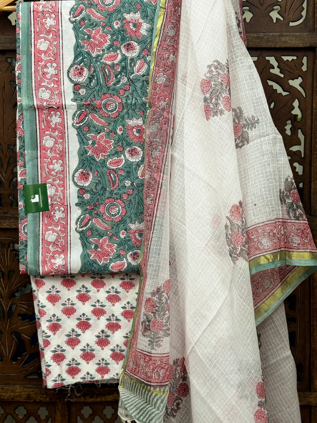 Vintage Floral Handblock Cotton Suit Set with Kota Doria Dupatta HANDMADEAHOLIC BY MISHKA