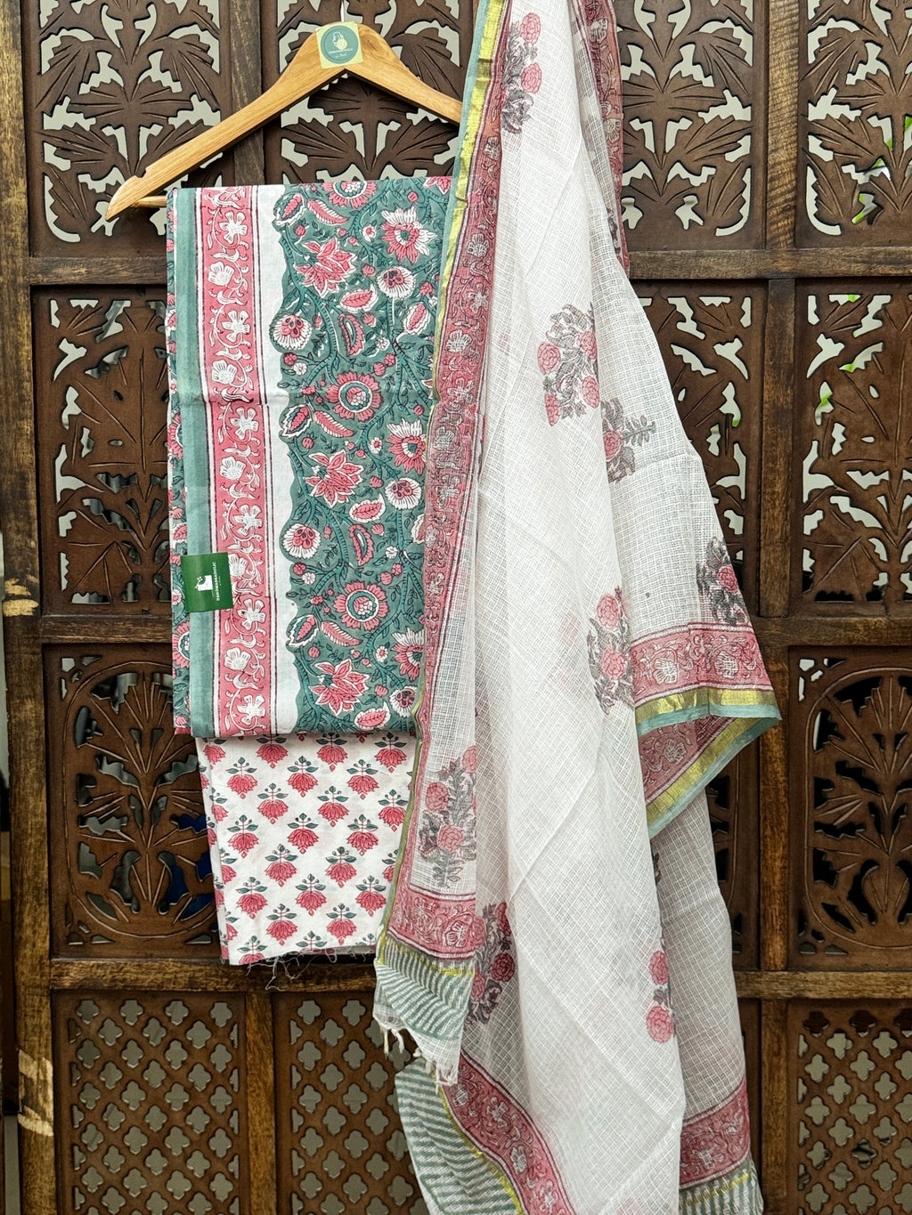 Vintage Floral Handblock Cotton Suit Set with Kota Doria Dupatta HANDMADEAHOLIC BY MISHKA