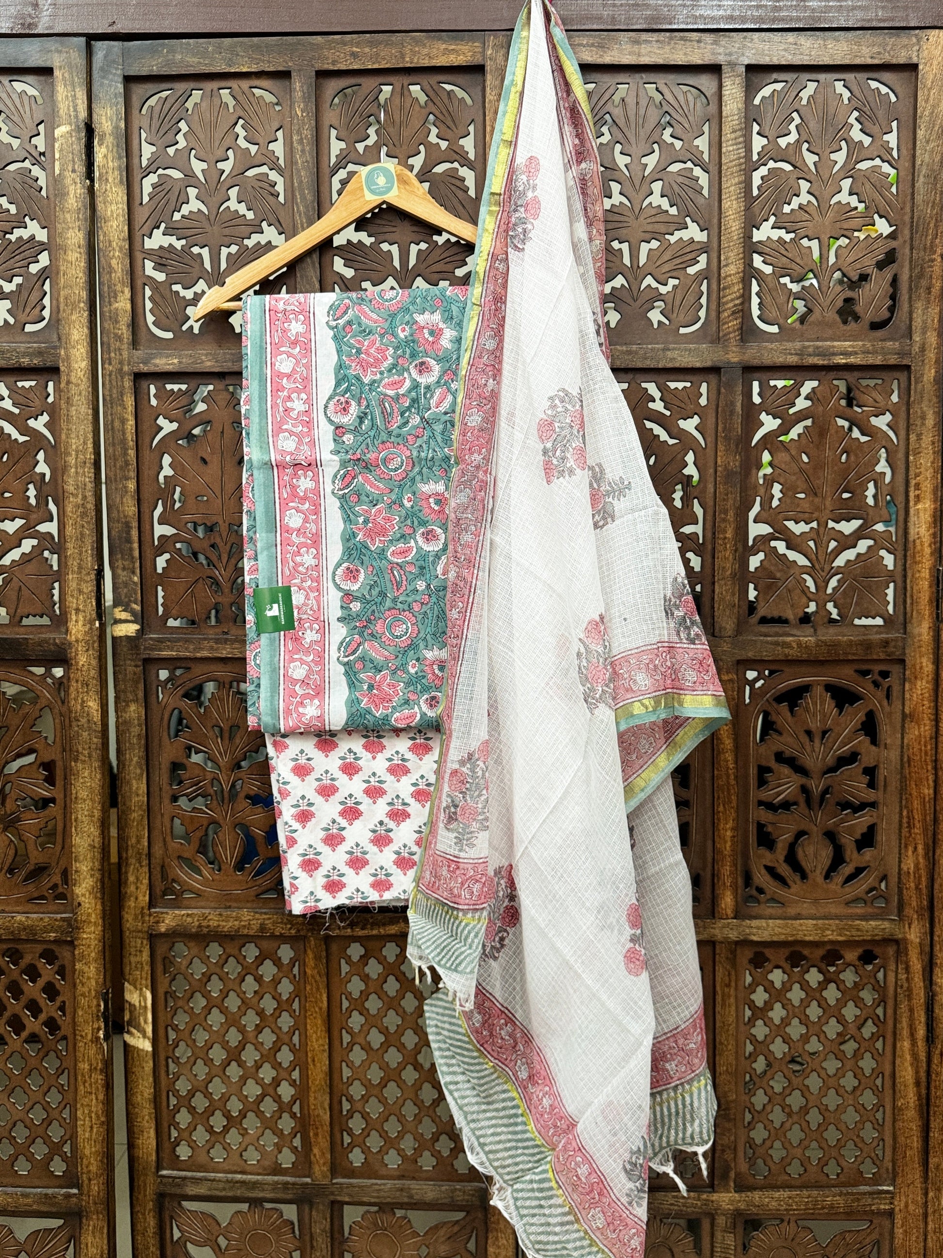 Vintage Floral Handblock Cotton Suit Set with Kota Doria Dupatta HANDMADEAHOLIC BY MISHKA