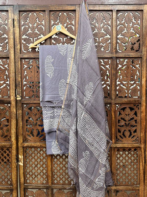 Slate Grey Hand-Block Cotton Unstitched Suit Set with Kota Doria Dupatta HANDMADEAHOLIC BY MISHKA