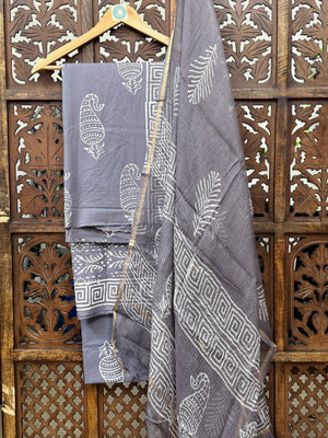 Slate Grey Hand-Block Cotton Unstitched Suit Set with Kota Doria Dupatta HANDMADEAHOLIC BY MISHKA