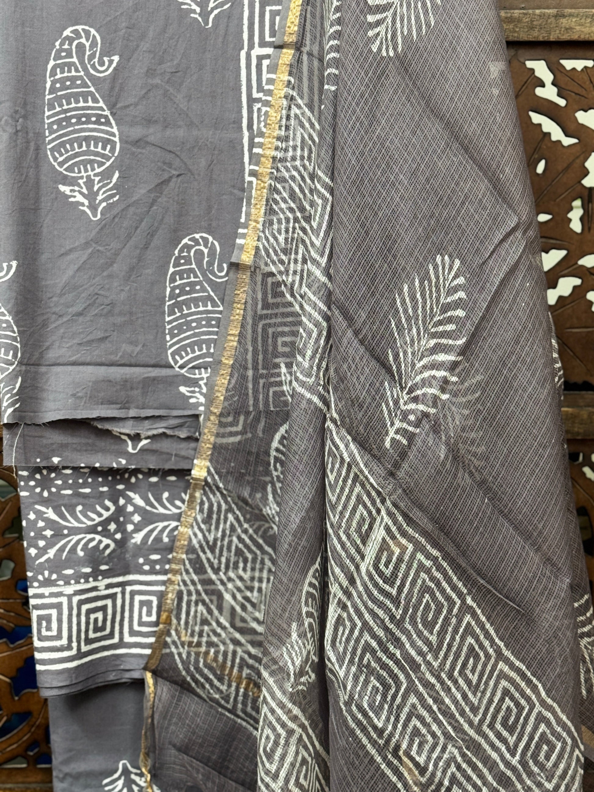 Slate Grey Hand-Block Cotton Unstitched Suit Set with Kota Doria Dupatta HANDMADEAHOLIC BY MISHKA