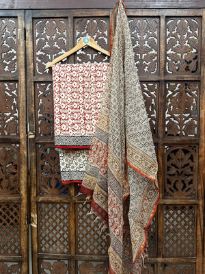 Handblock Printed Cotton Suit Set with Artisanal Kota Doria Dupatta – Earthy Maroon & Ivory HANDMADEAHOLIC BY MISHKA