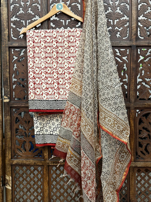Handblock Printed Cotton Suit Set with Artisanal Kota Doria Dupatta – Earthy Maroon & Ivory HANDMADEAHOLIC BY MISHKA