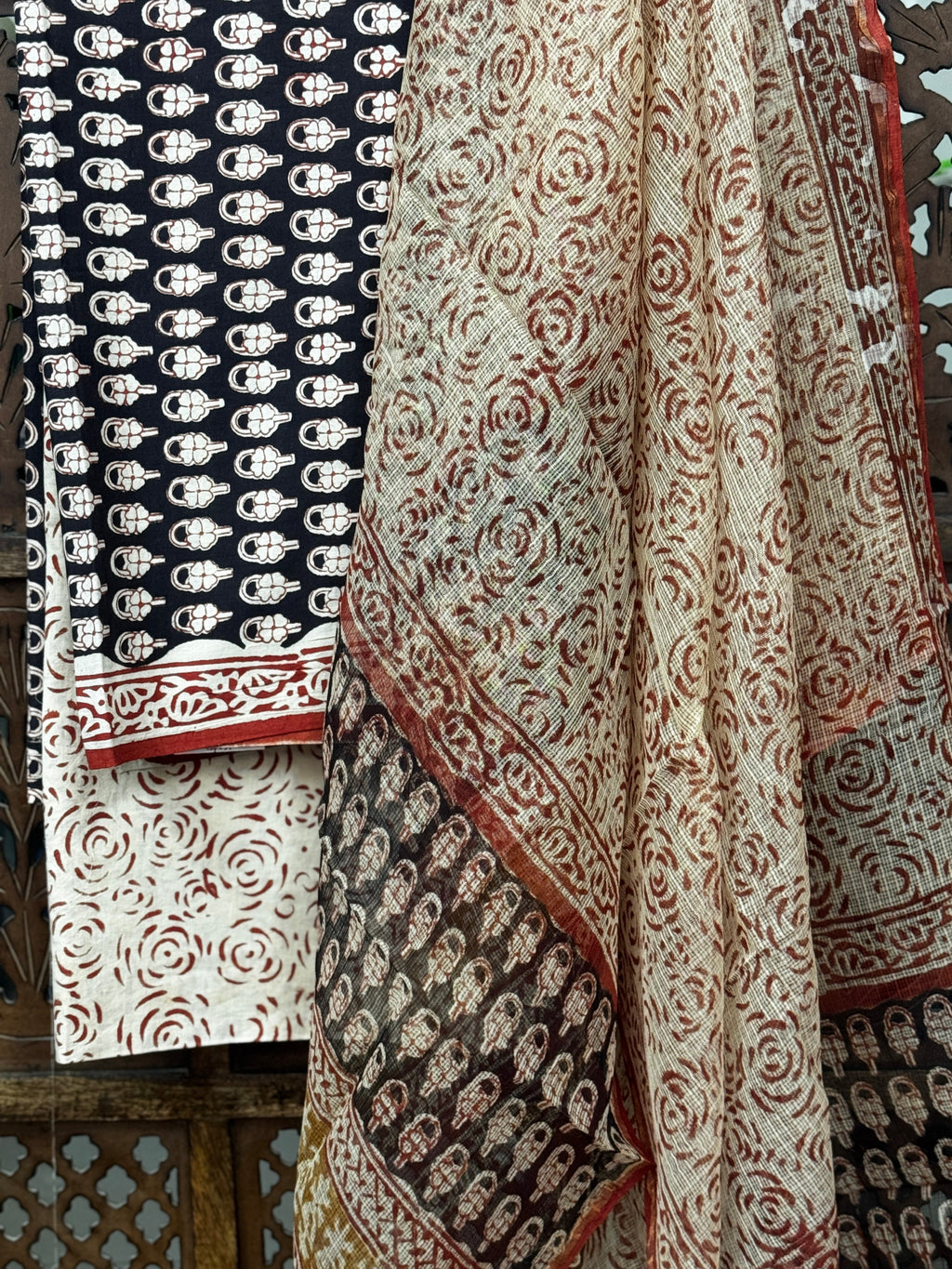 Midnight Rose & Handblock Cotton Unstitched Suit Set with Kota Doria Dupatta HANDMADEAHOLIC BY MISHKA