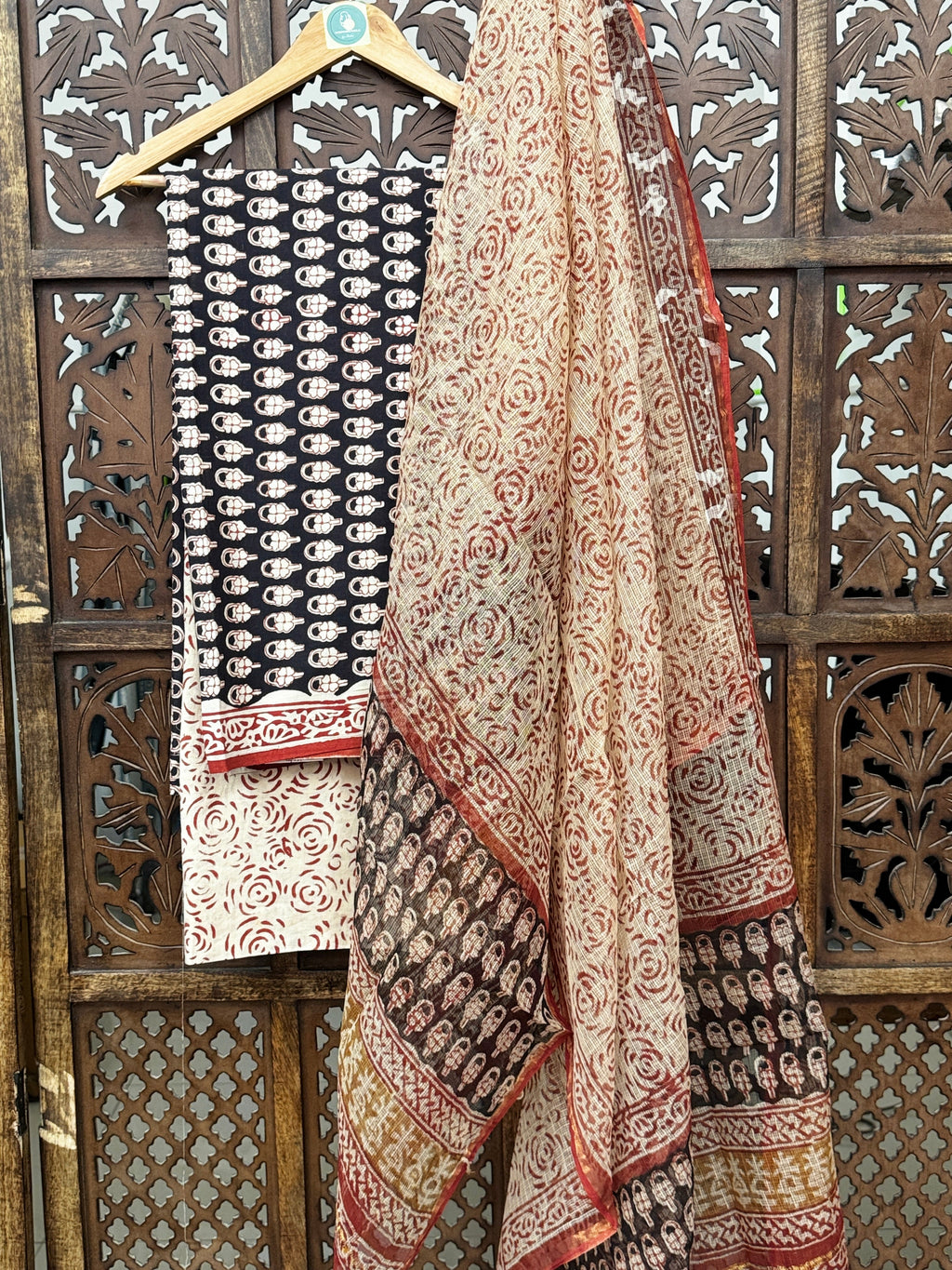 Midnight Rose & Handblock Cotton Unstitched Suit Set with Kota Doria Dupatta HANDMADEAHOLIC BY MISHKA