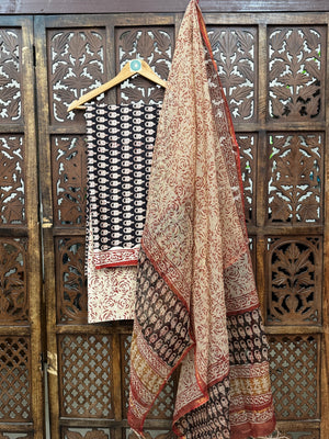 Midnight Rose & Handblock Cotton Unstitched Suit Set with Kota Doria Dupatta HANDMADEAHOLIC BY MISHKA