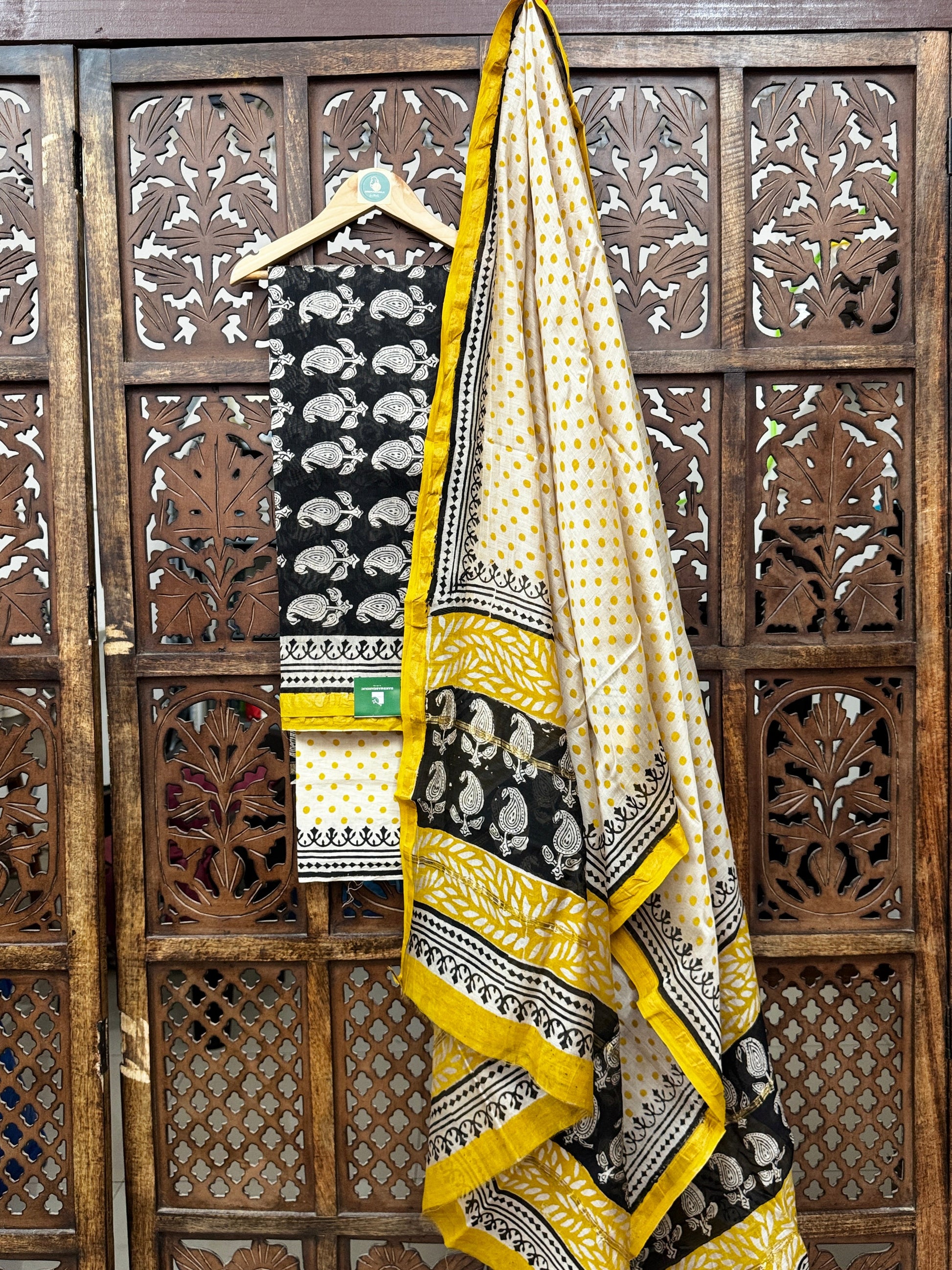 Elegance in Handblock: Black & Mustard Chanderi Silk Suit Set HANDMADEAHOLIC BY MISHKA