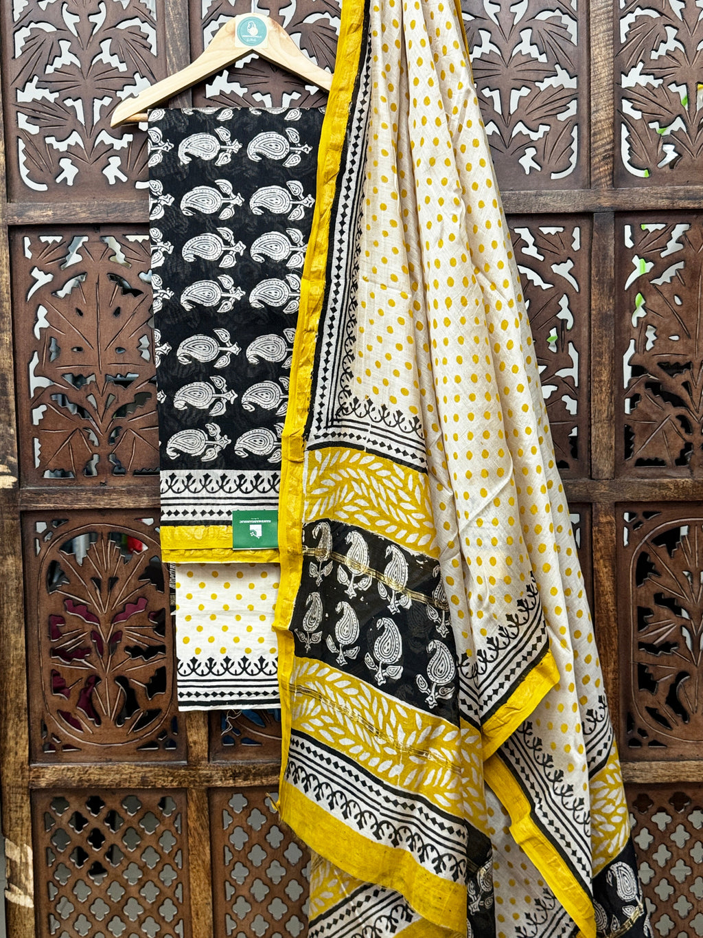 Elegance in Handblock: Black & Mustard Chanderi Silk Suit Set HANDMADEAHOLIC BY MISHKA
