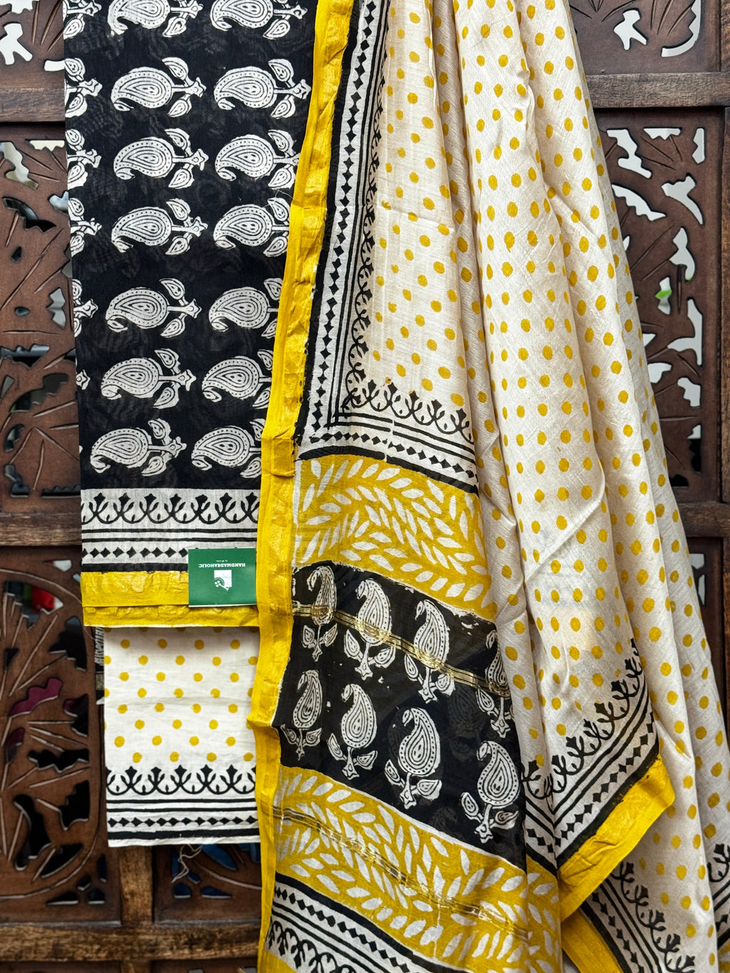 Elegance in Handblock: Black & Mustard Chanderi Silk Suit Set HANDMADEAHOLIC BY MISHKA
