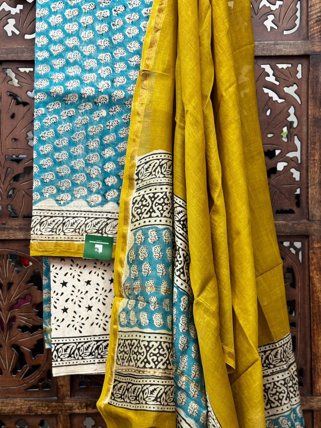 Handblock Printed Teal & Mustard Chanderi Silk Suit Set HANDMADEAHOLIC BY MISHKA