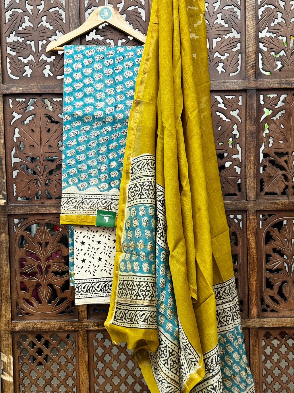 Handblock Printed Teal & Mustard Chanderi Silk Suit Set HANDMADEAHOLIC BY MISHKA