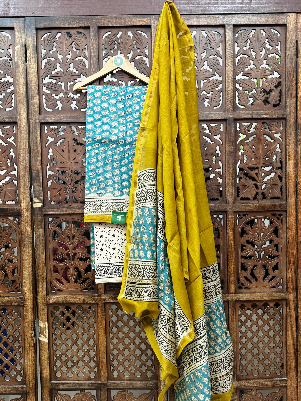 Handblock Printed Teal & Mustard Chanderi Silk Suit Set HANDMADEAHOLIC BY MISHKA