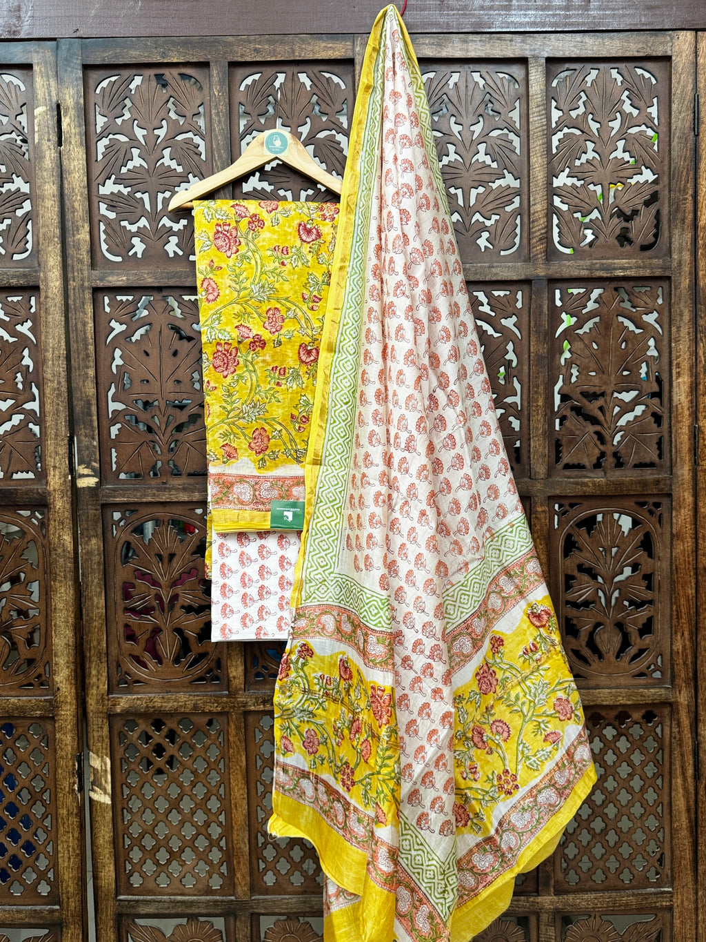 Sunshine & Silk: Mustard Yellow Handblock Chanderi Silk Suit Set with Cotton Bottom HANDMADEAHOLIC BY MISHKA