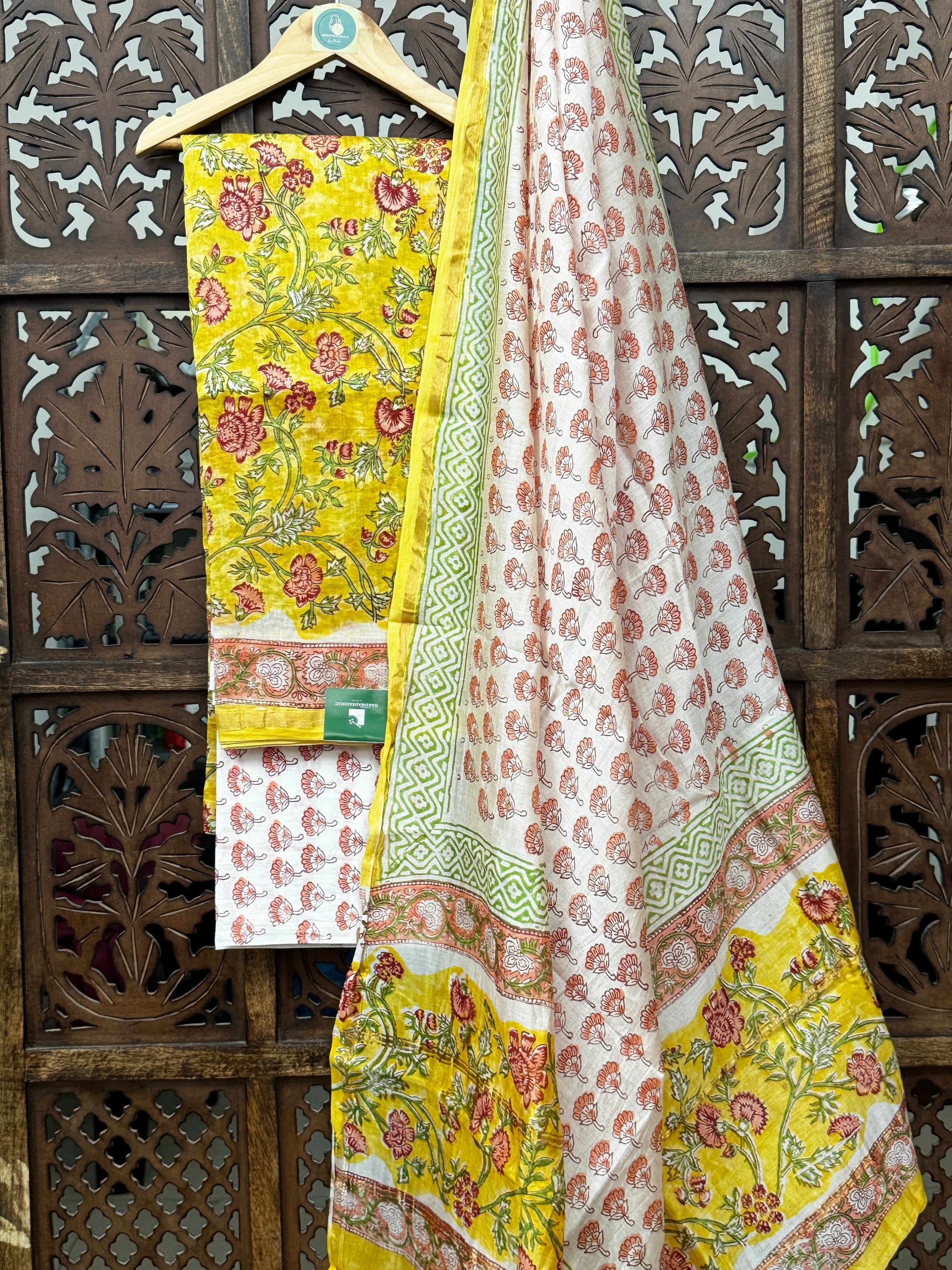 Sunshine & Silk: Mustard Yellow Handblock Chanderi Silk Suit Set with Cotton Bottom HANDMADEAHOLIC BY MISHKA