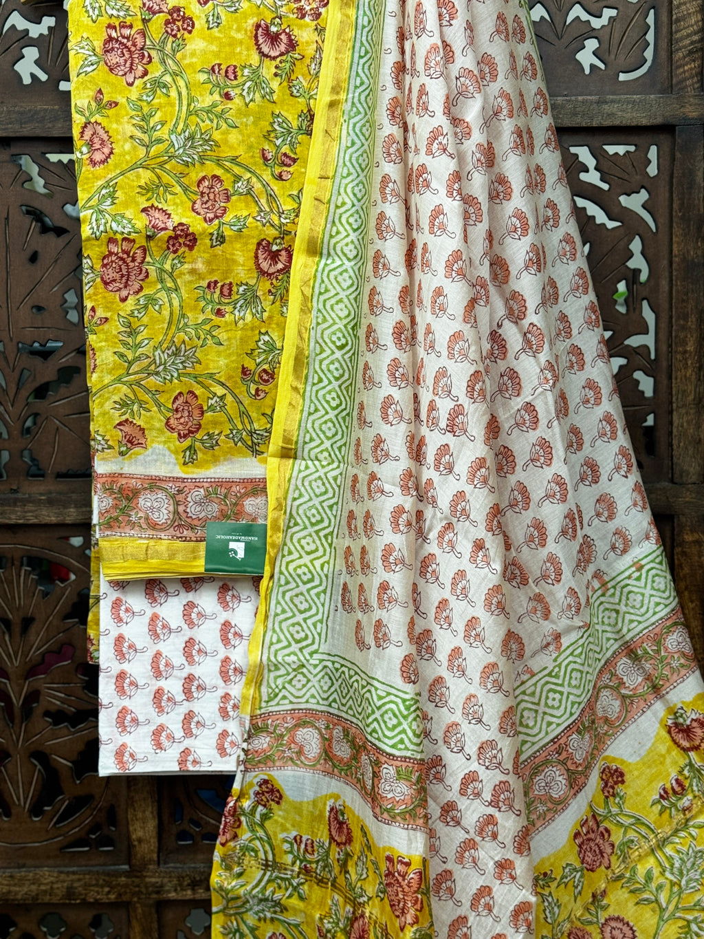 Sunshine & Silk: Mustard Yellow Handblock Chanderi Silk Suit Set with Cotton Bottom HANDMADEAHOLIC BY MISHKA