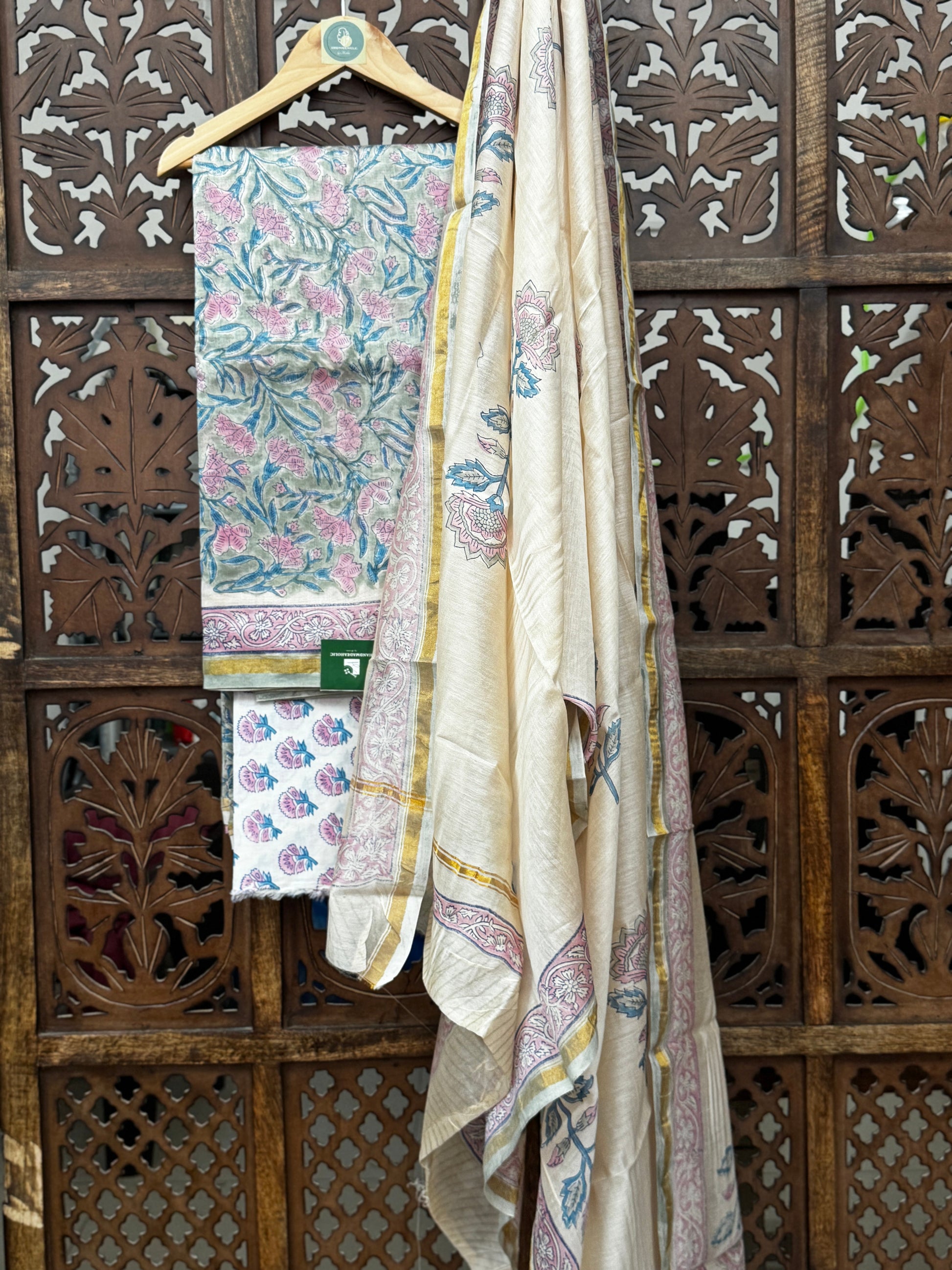 Pastel Floral Elegance – Handblock Printed Chanderi Silk Suit Set with Zari Border HANDMADEAHOLIC BY MISHKA