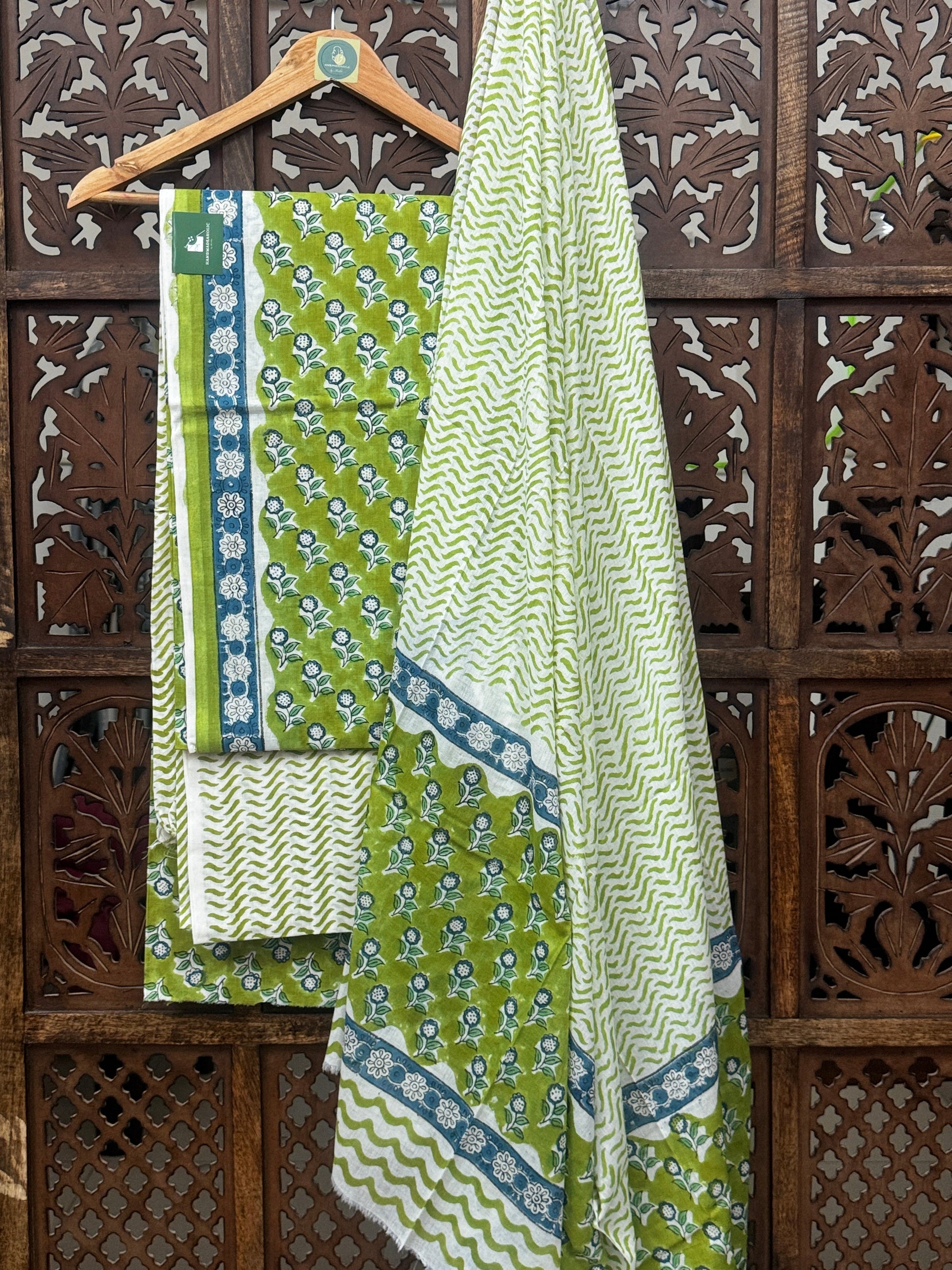 Zesty Lime Flora – Premium Handblock Cotton Unstitched Suit Set HANDMADEAHOLIC BY MISHKA