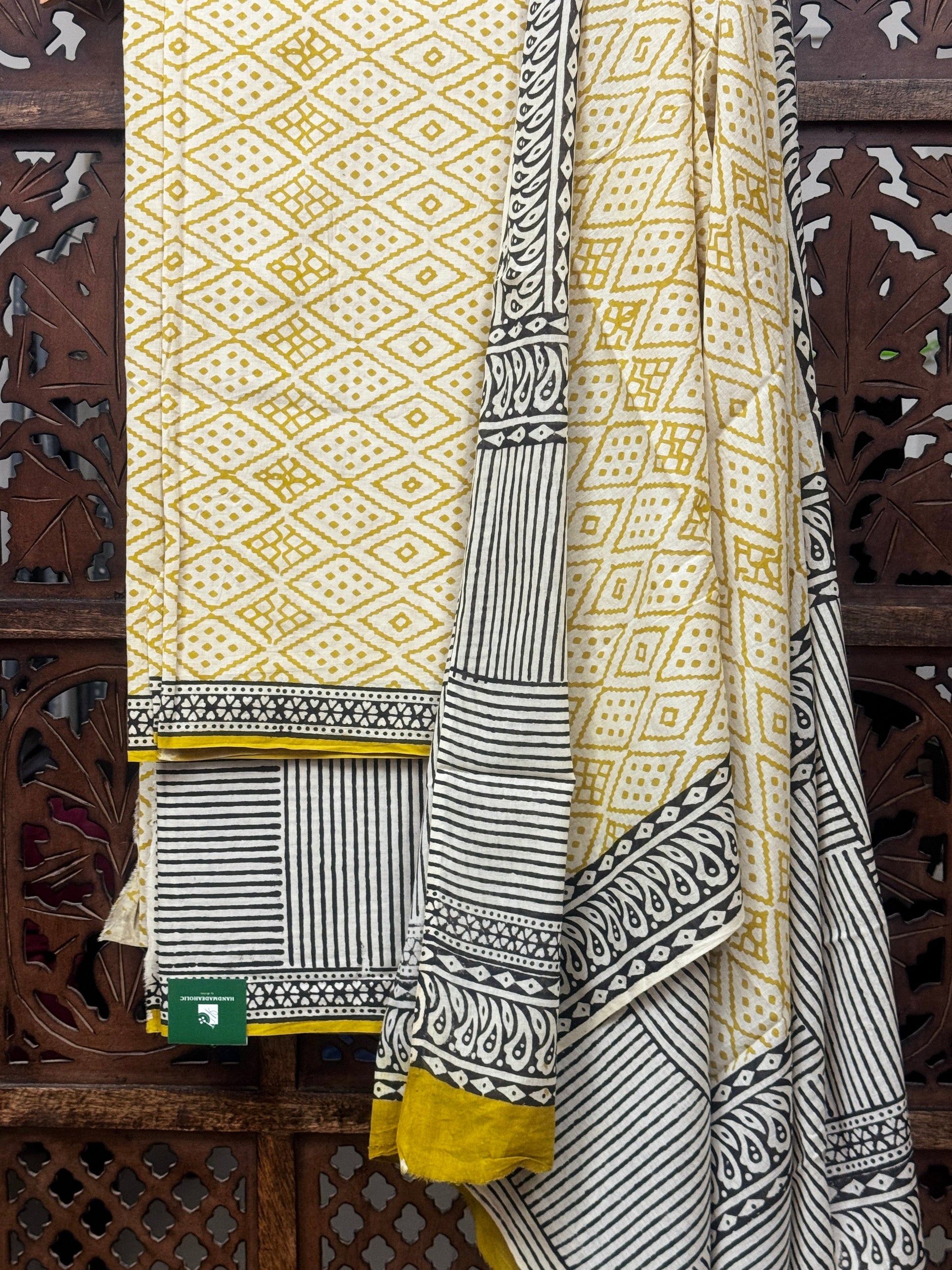 Artisanal Mustard & Charcoal Handblock Print Cotton Unstitched Suit Set HANDMADEAHOLIC BY MISHKA