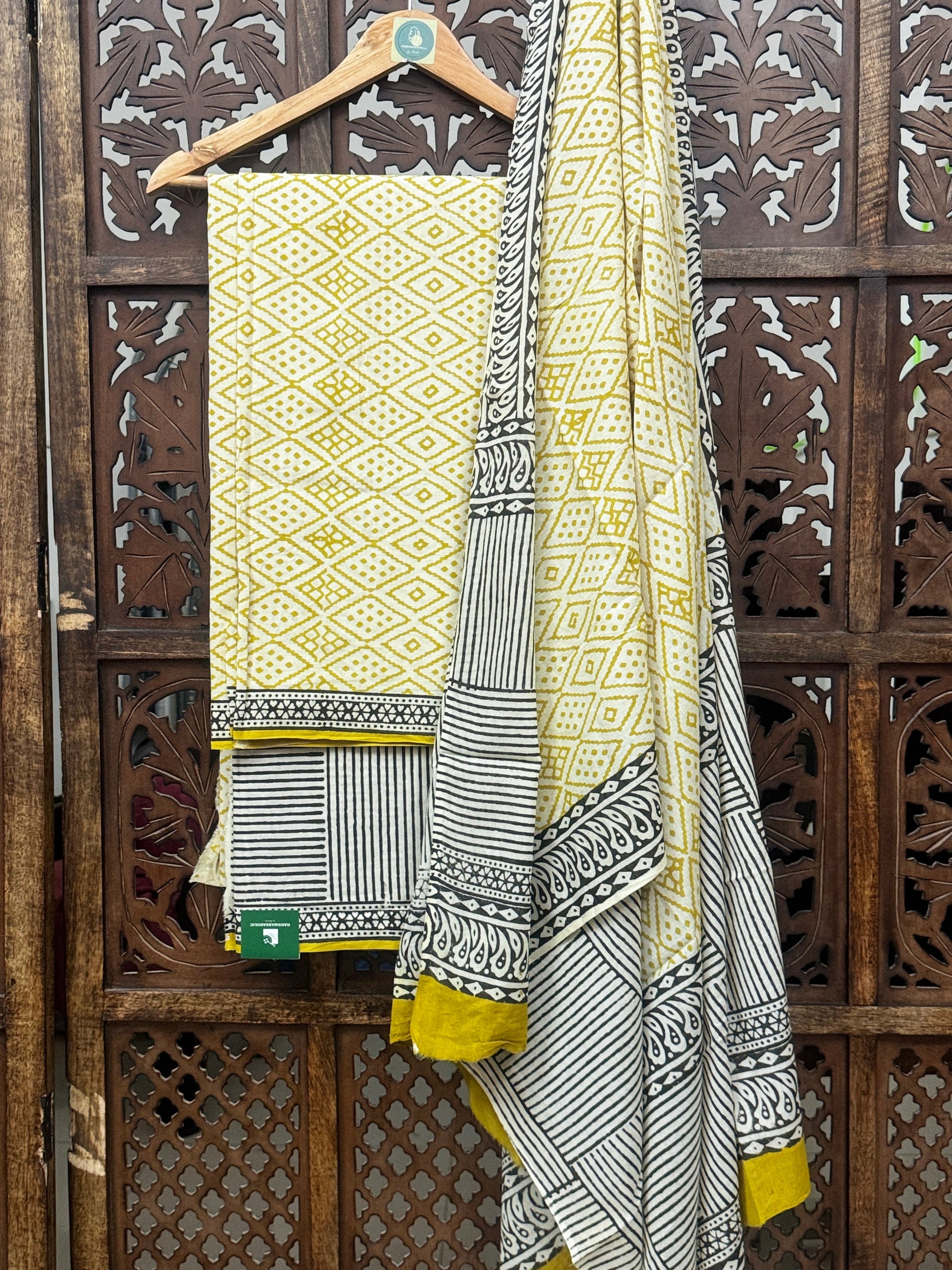 Artisanal Mustard & Charcoal Handblock Print Cotton Unstitched Suit Set HANDMADEAHOLIC BY MISHKA