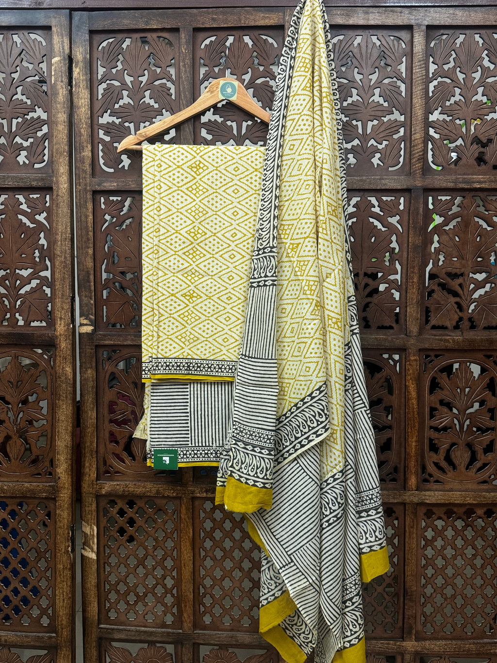 Artisanal Mustard & Charcoal Handblock Print Cotton Unstitched Suit Set HANDMADEAHOLIC BY MISHKA