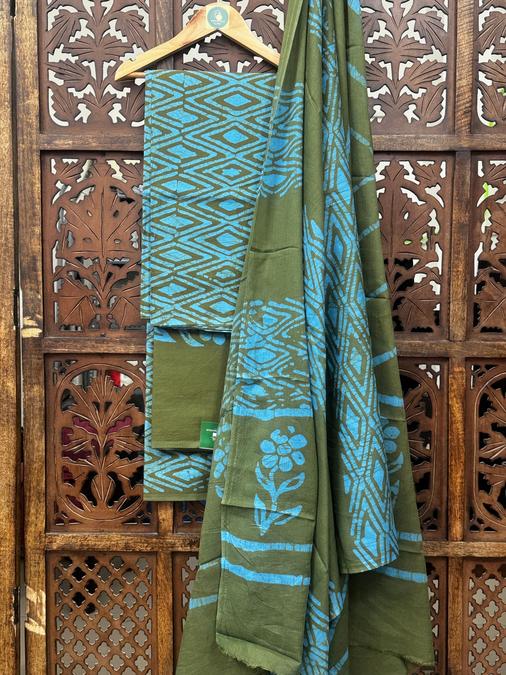 Olive & Turquoise Handblock Printed Cotton Suit Set HANDMADEAHOLIC BY MISHKA