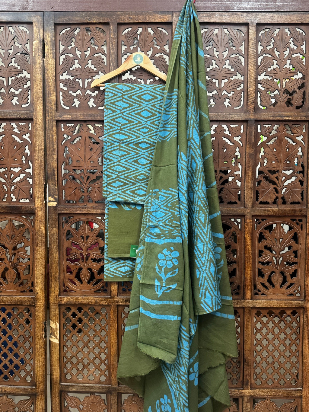 Olive & Turquoise Handblock Printed Cotton Suit Set HANDMADEAHOLIC BY MISHKA