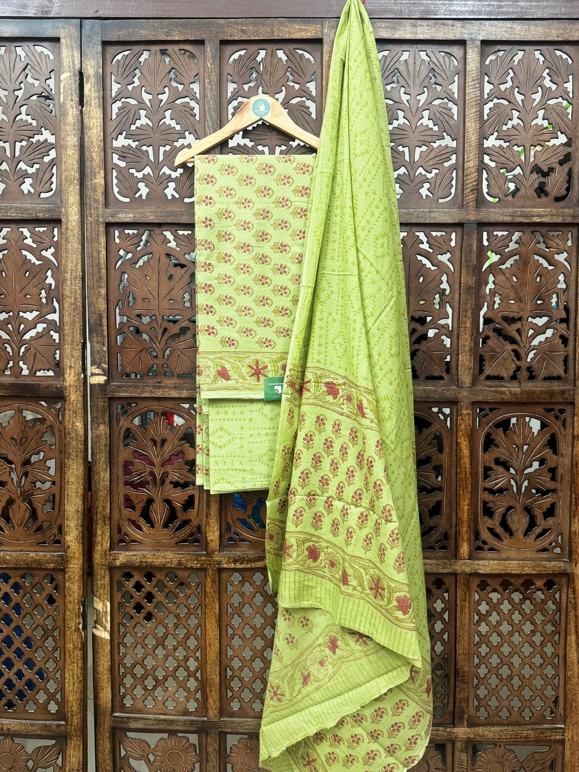 Artisanal Handblock Cotton Suit Set – Pistachio Green & Earthy Maroon HANDMADEAHOLIC BY MISHKA