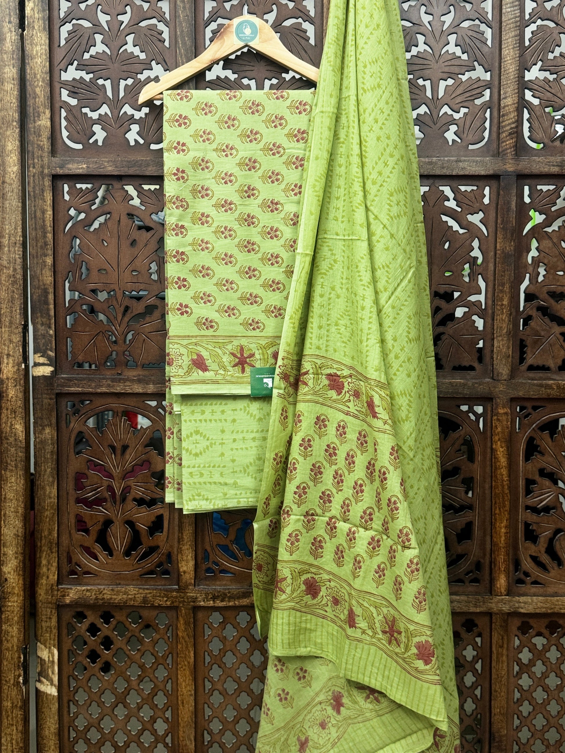 Artisanal Handblock Cotton Suit Set – Pistachio Green & Earthy Maroon HANDMADEAHOLIC BY MISHKA