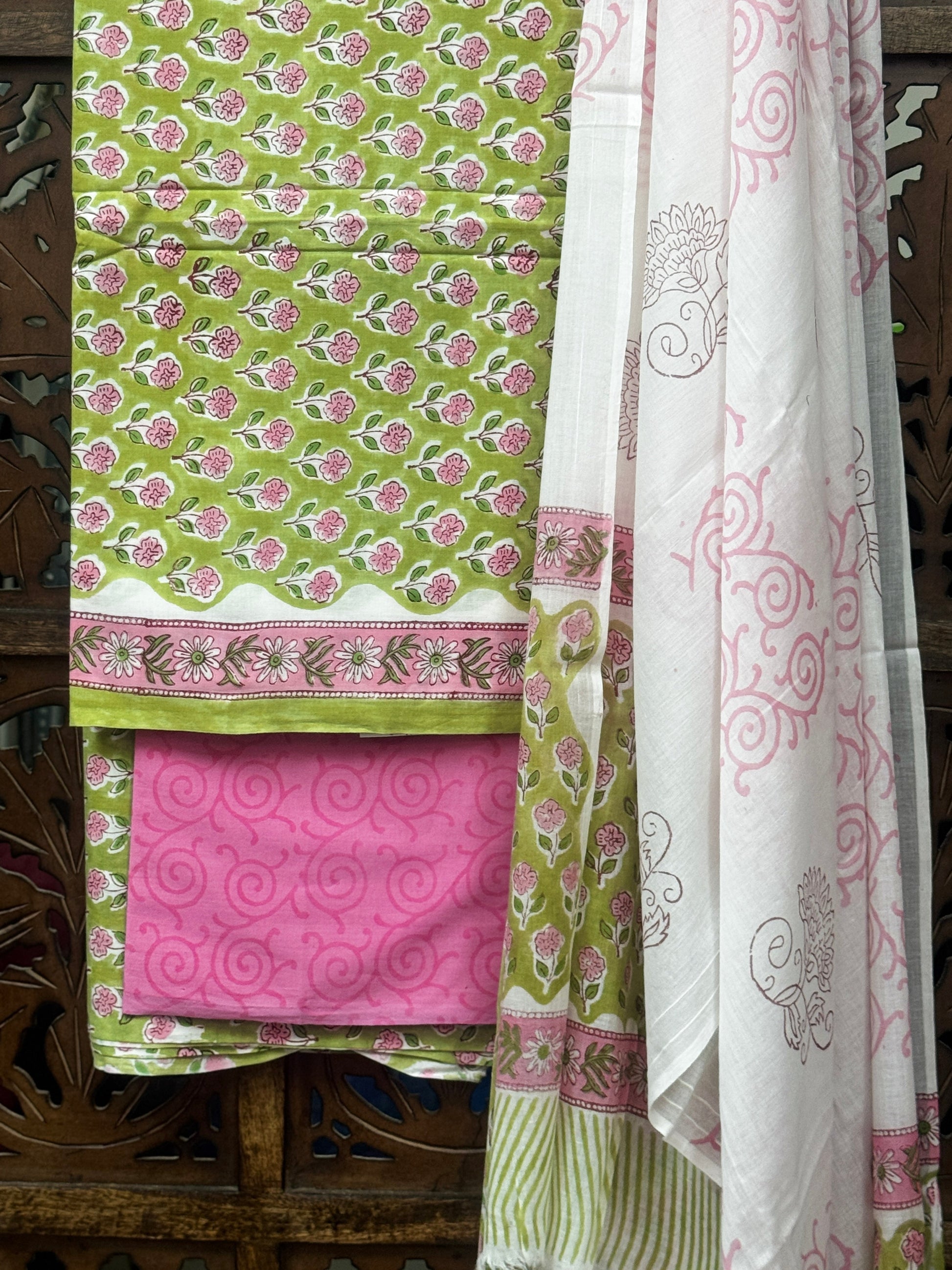 Pistachio & Rose Handblock Cotton Unstitched Suit Set HANDMADEAHOLIC BY MISHKA