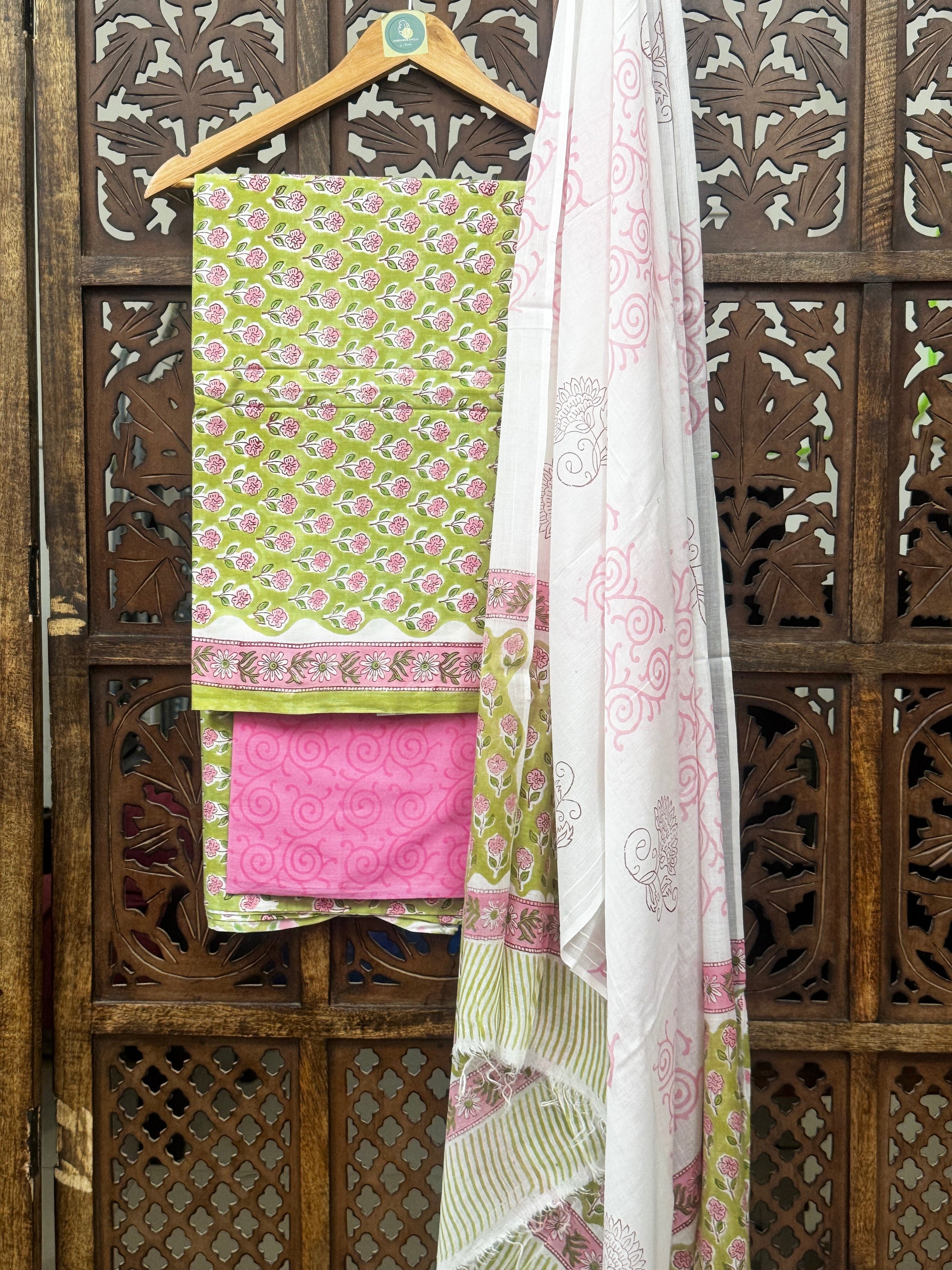 Pistachio & Rose Handblock Cotton Unstitched Suit Set HANDMADEAHOLIC BY MISHKA