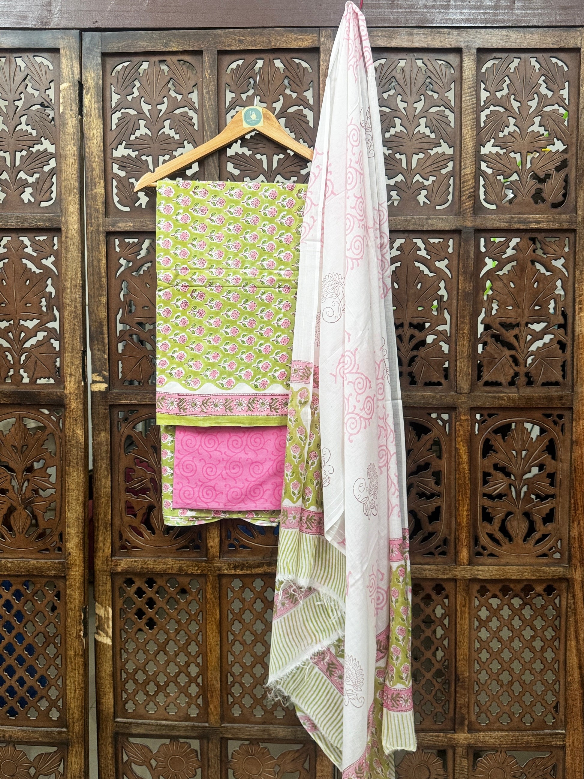 Pistachio & Rose Handblock Cotton Unstitched Suit Set HANDMADEAHOLIC BY MISHKA